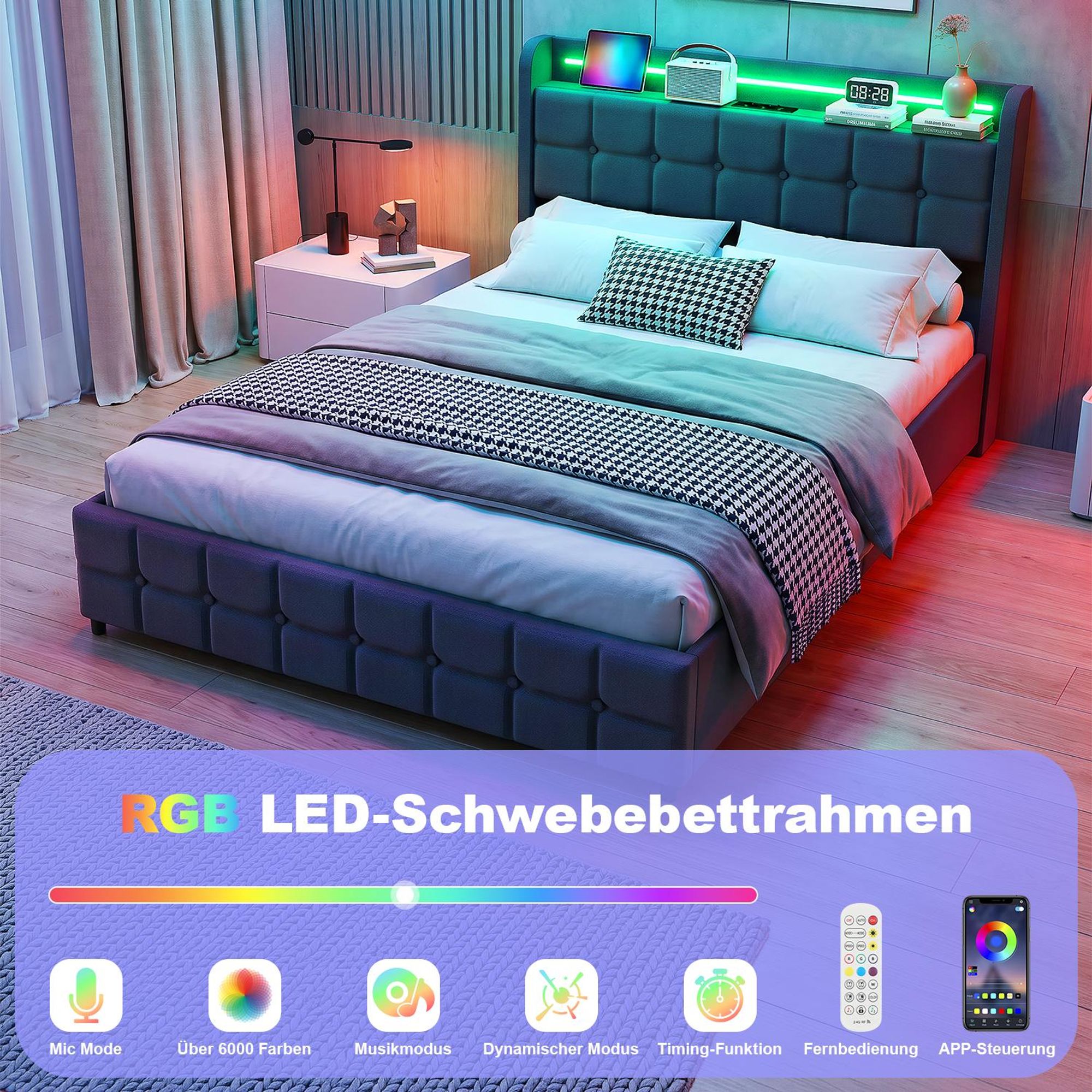 OYAJIA Polsterbett 140x200cm mit USB und Steckdosen,Jugendbett Einzelbett mit 2 Schubladen, Stauraumbett Massivholzbett mit LED und Lattenrost, Leinen