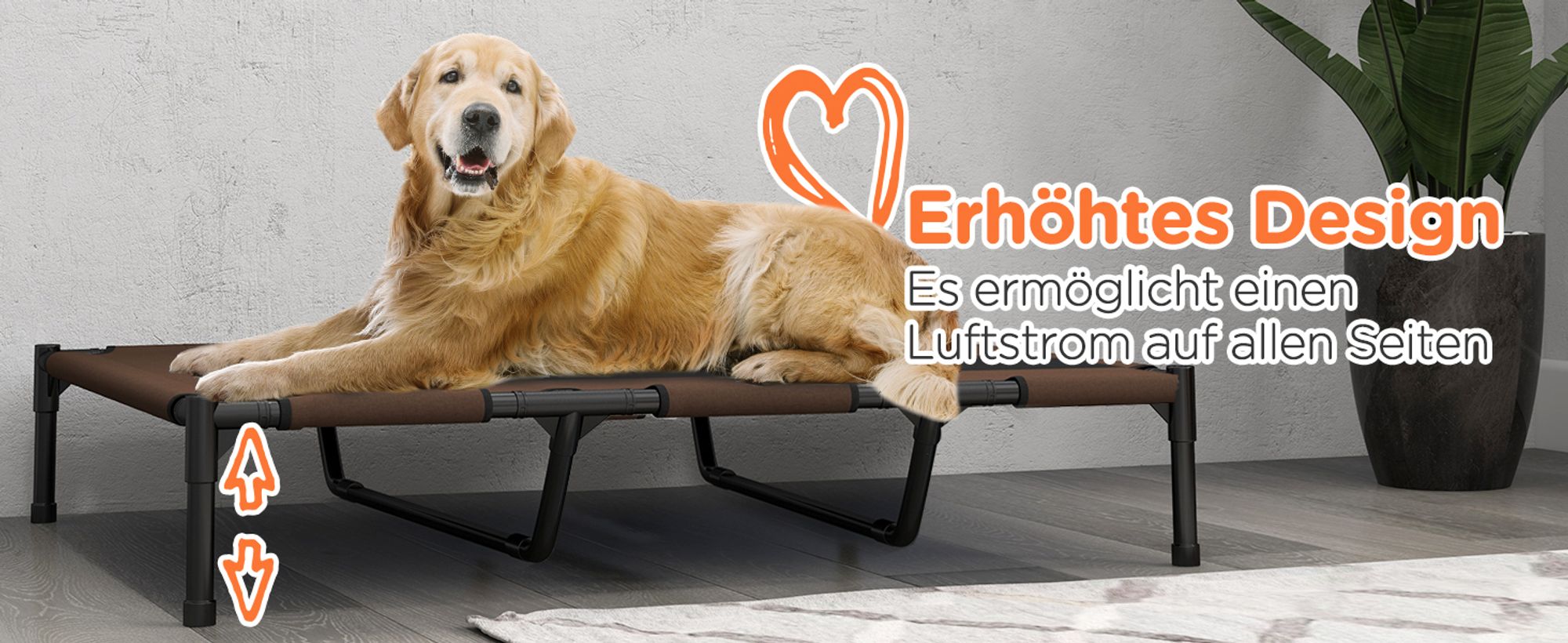 PawHut Erhöhtes Hundebett mit Baldachin, Haustierbett, Hundeliege outdoor mit Dach, Atmungsaktiv, Taftstoff für Camping Kaffee 122 x 92 x 108 cm