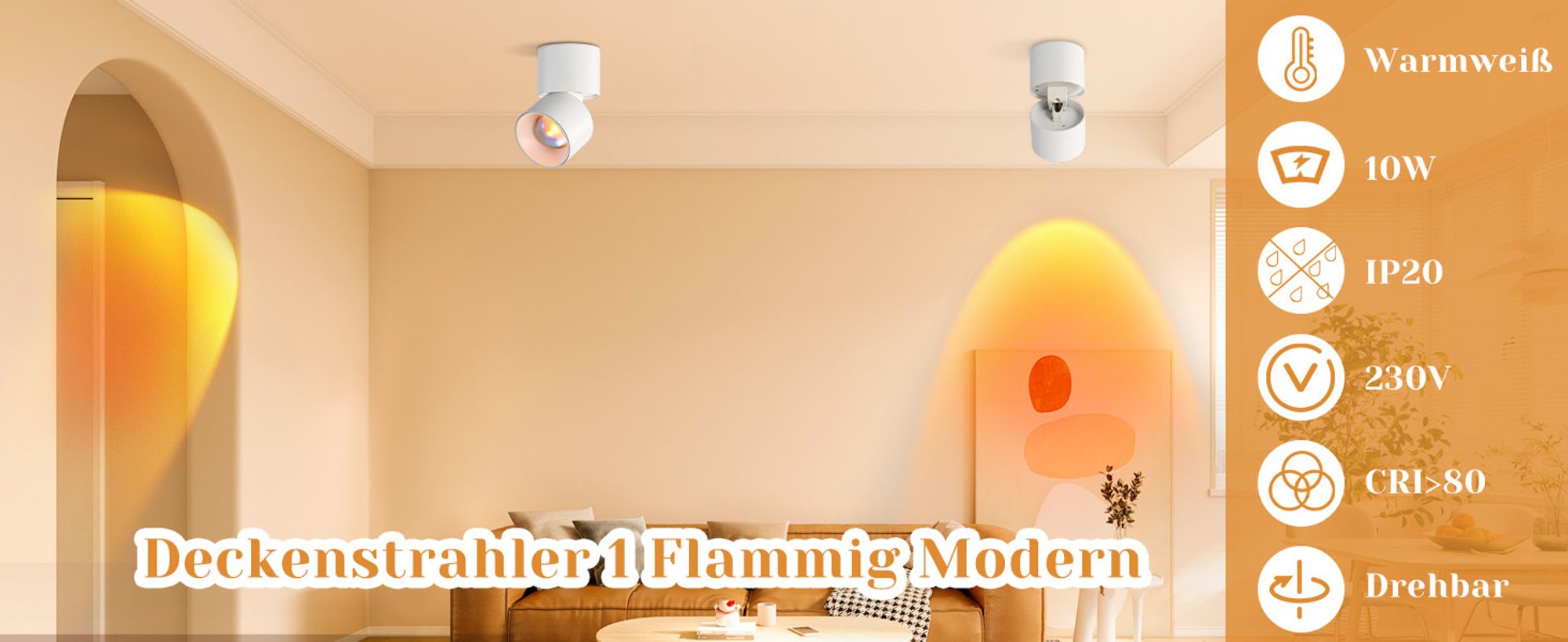 ZMH LED Deckenleuchte Deckenstrahler 1 Flammig Deckenspots Weiß Modern Rund Schwenkbar 350° Warmweiß Sunset Innen für Wohnzimmer Schlafzimmer Treppen
