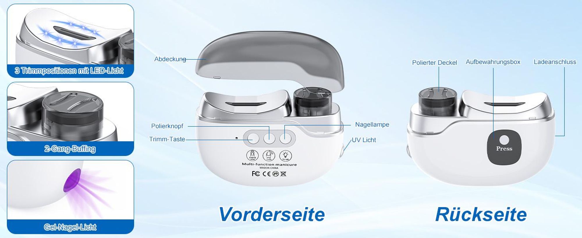 Elektrischer Nagelknipser, Elektrischer Nagelschneider, automatische Nagelfeile, Nageltrimmer mit Nagellampe, 3 Stufen, leise & wiederaufladbar