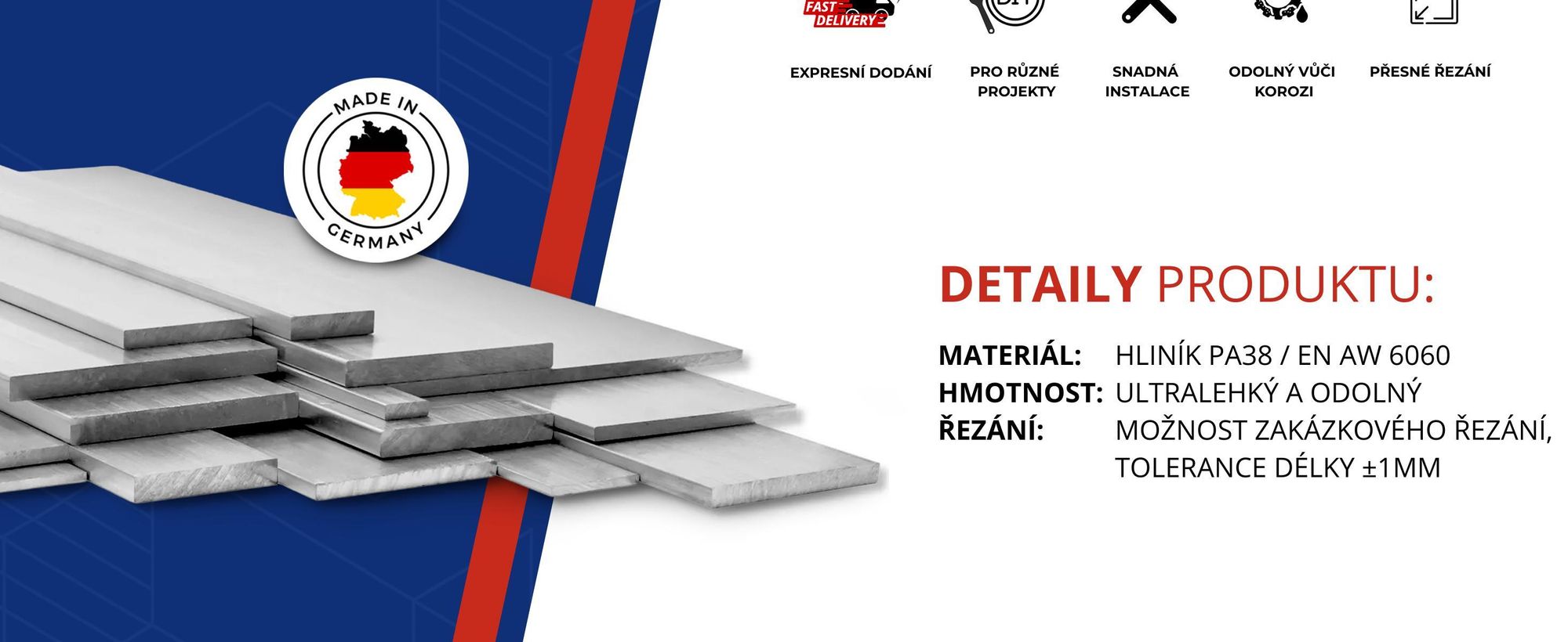 Plochá hliníková tyč 40x2 mm 200 cm Hliníkový profil + řez na míru