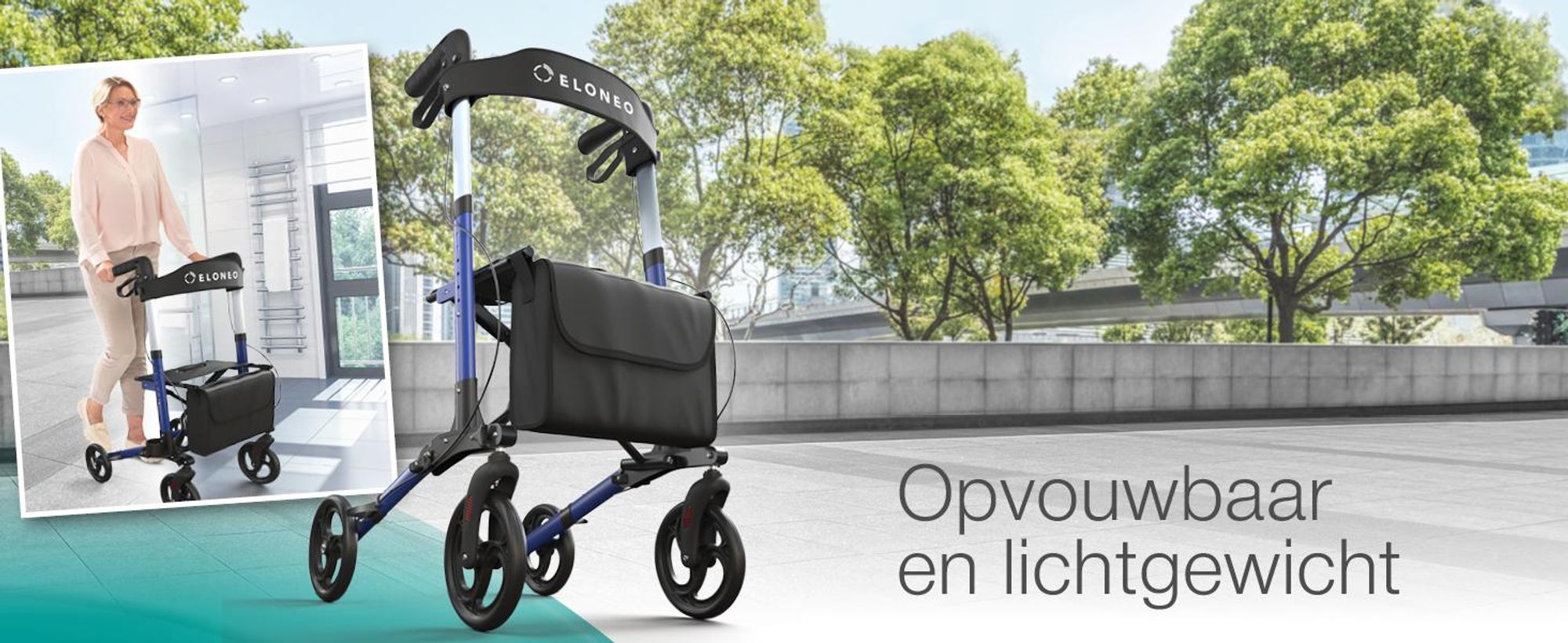 ELONEO inklapbare en lichte rollator met zitplaats, lichtgewicht reiskofferrolator van aluminium, loophulp met 8-voudige hoogteverstelling, inklapbaar in 3 standen
