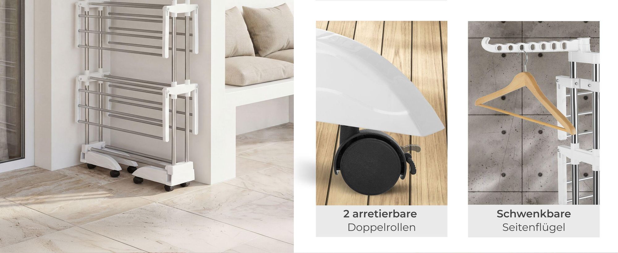 tectake® Turmwäscheständer Odelia klappbar 6 drehbare Doppelrollen, 2 mit Feststellbremsen