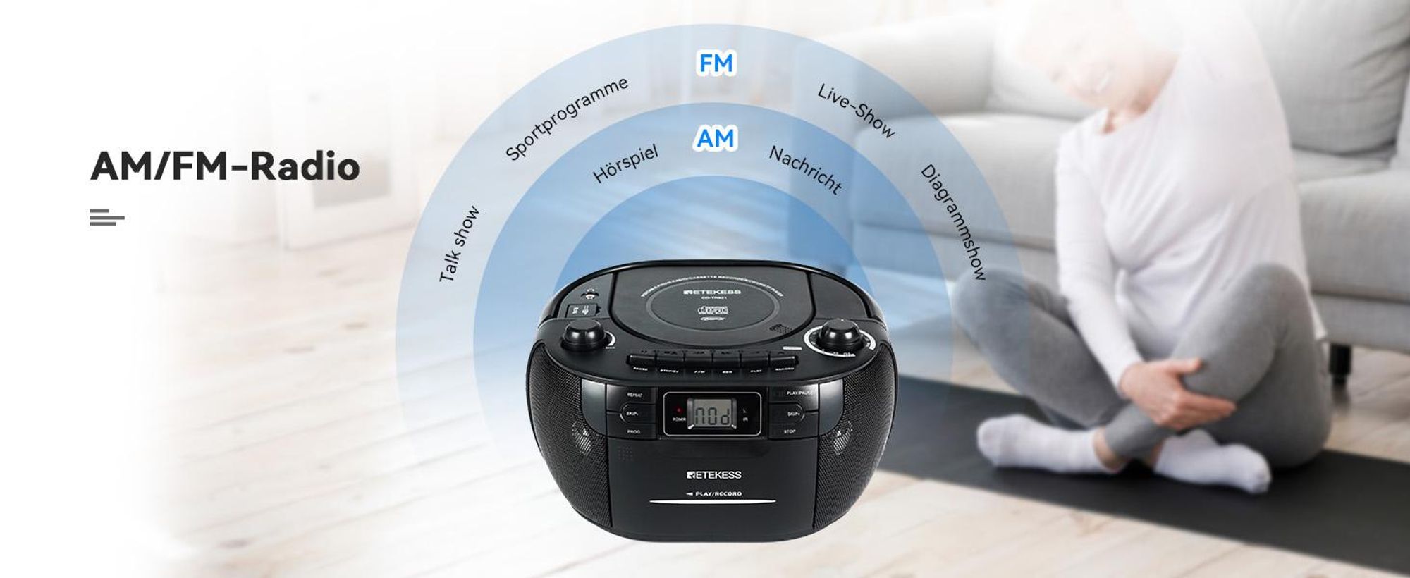 Retekess TR621 Tragbares CD Radio,Kassettenspieler CD,Stereo mit AM FM-Radio,Kassettenrekorder,Unterstützung von USB/TF/Kopfhörer, mit Fernbedienung