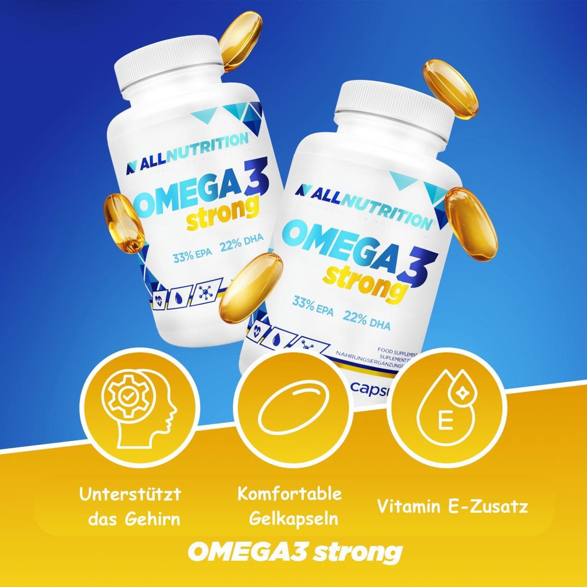 ALLNUTRITION Omega 3 Strong 90 Kapseln Omega-3 Fischöl EPA DHA Herzgesundheit Gehirnfunktion Nahrungsergänzung