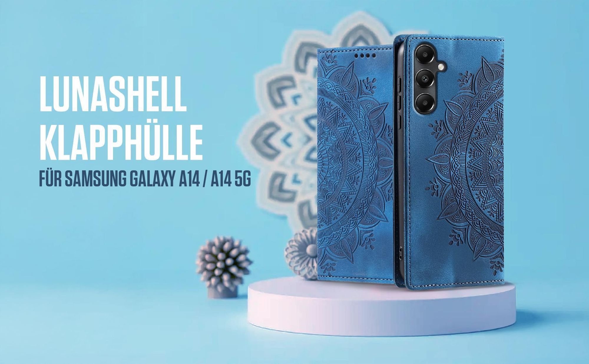 Blaue Klapphülle für Samsung Galaxy A14 mit feiner Mandala Prägung