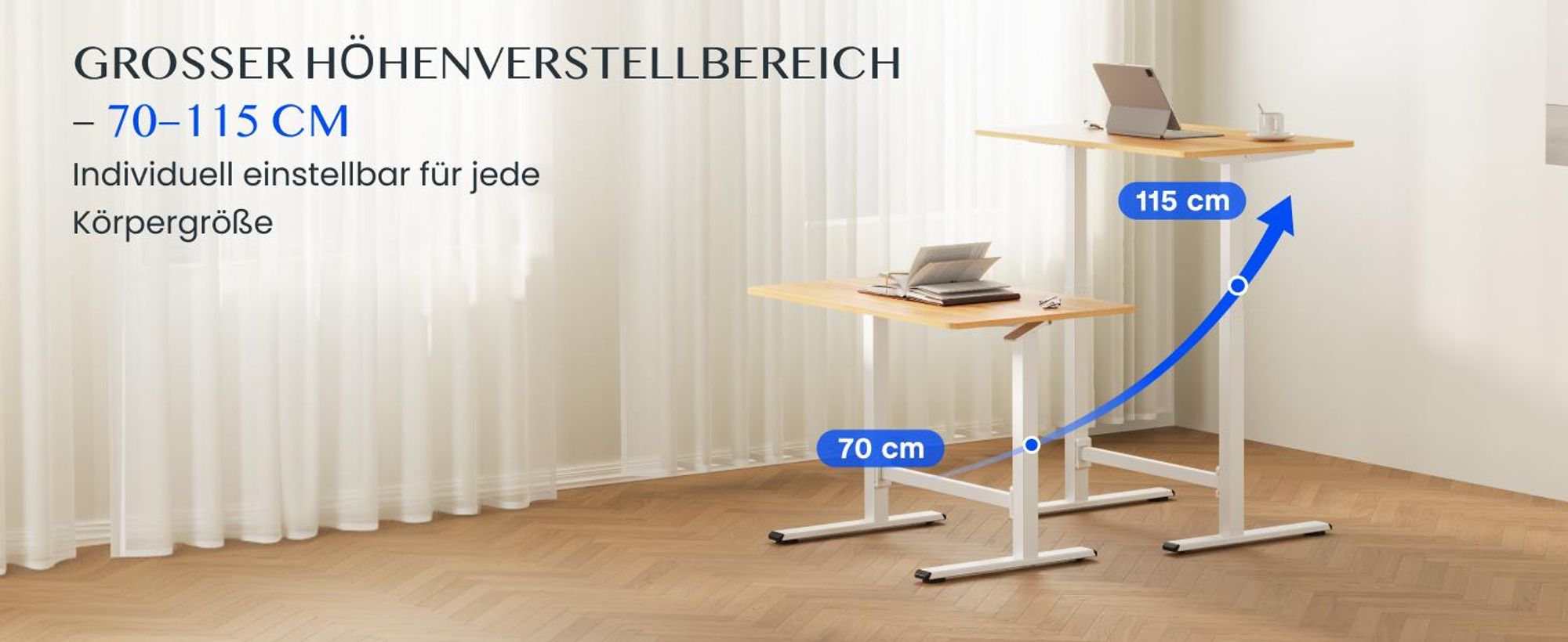 FLEXISPOT Gasfeder Höhenverstellbarer Schreibtisch 100×60 cm – stufenlos manuell verstellbar, Steh-Sitz-Tisch ohne Strom, mobil mit Rollen (Ahorn)