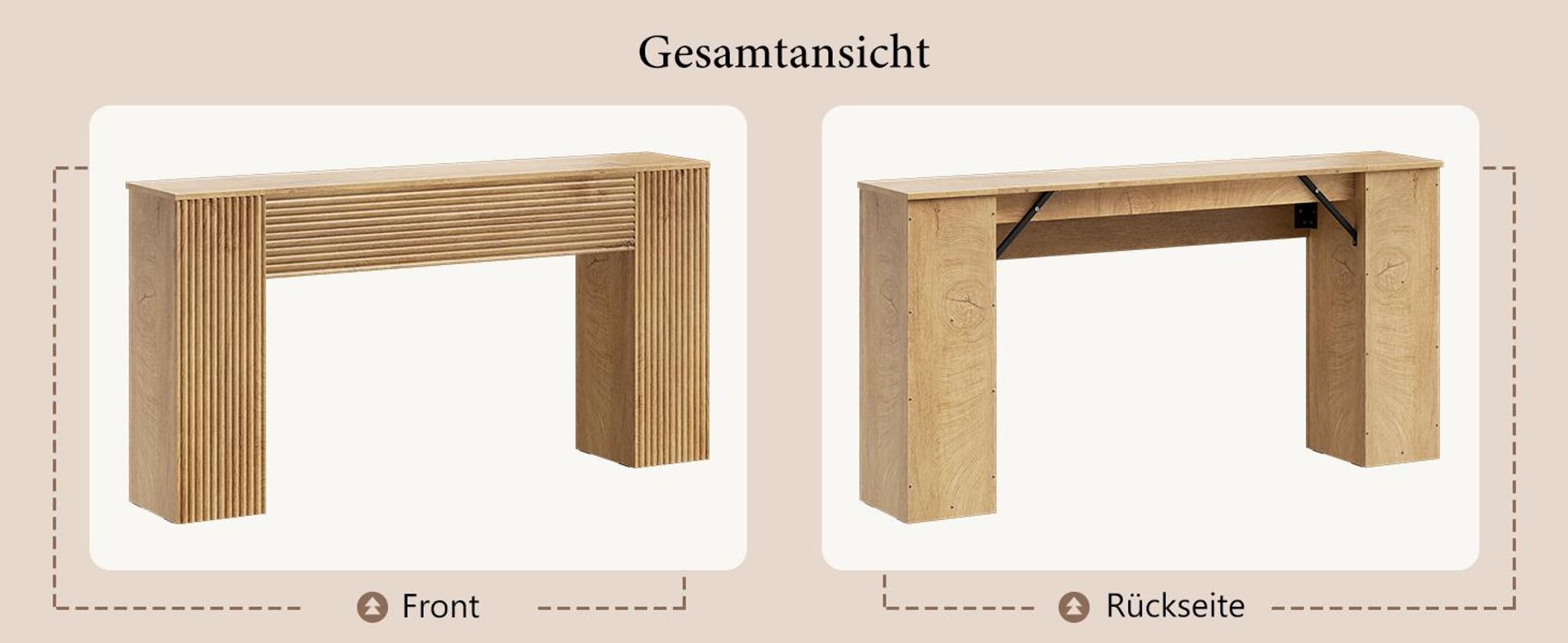 FABATO 155 cm gewellte Konsole mit 2 versteckten Stauraumfächern – schmale Sofatisch in Holzoptik für die Wand, Einstiegs- & Flurtisch für Wohnzimmer