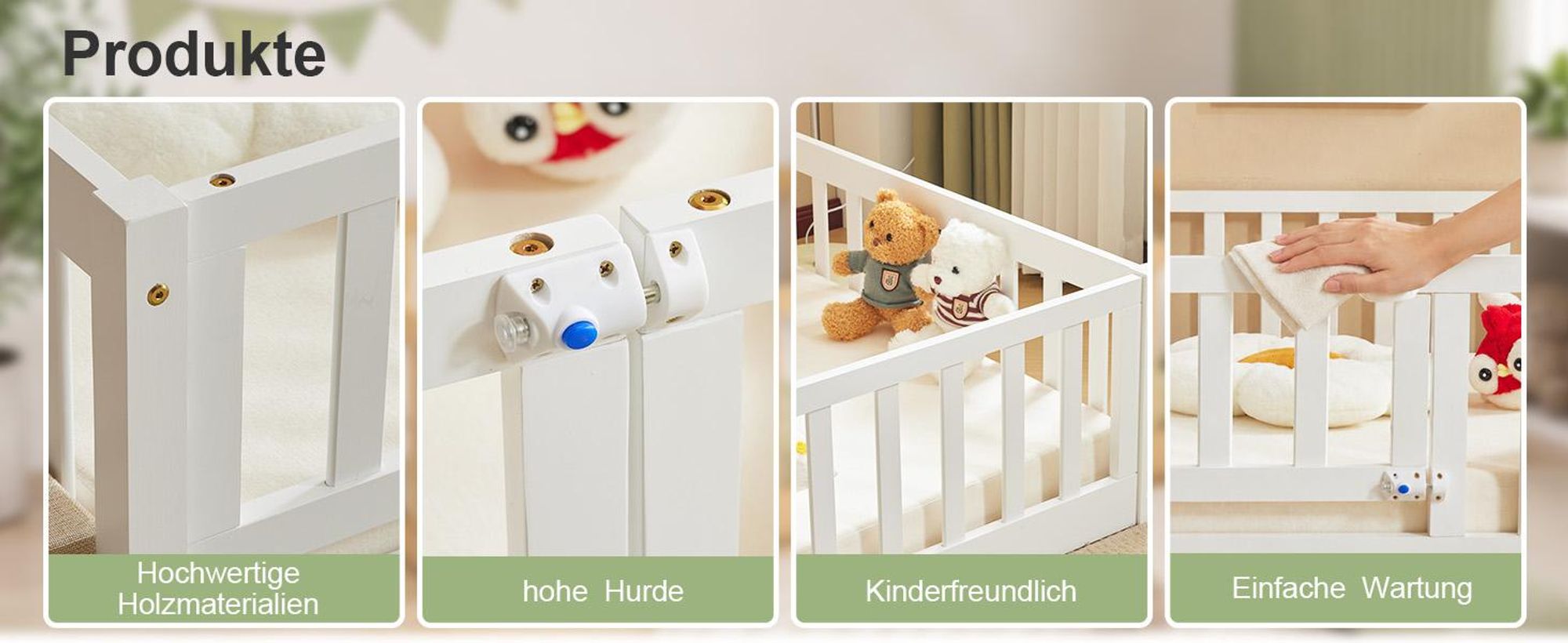 FCH Kinderbett mit Rausfallschutz & Lattenrost, 80x160cm, Montessori Bodenbett mit seitlichem Ausstieg, Einzelbett für Jugendzimmer, Weiß