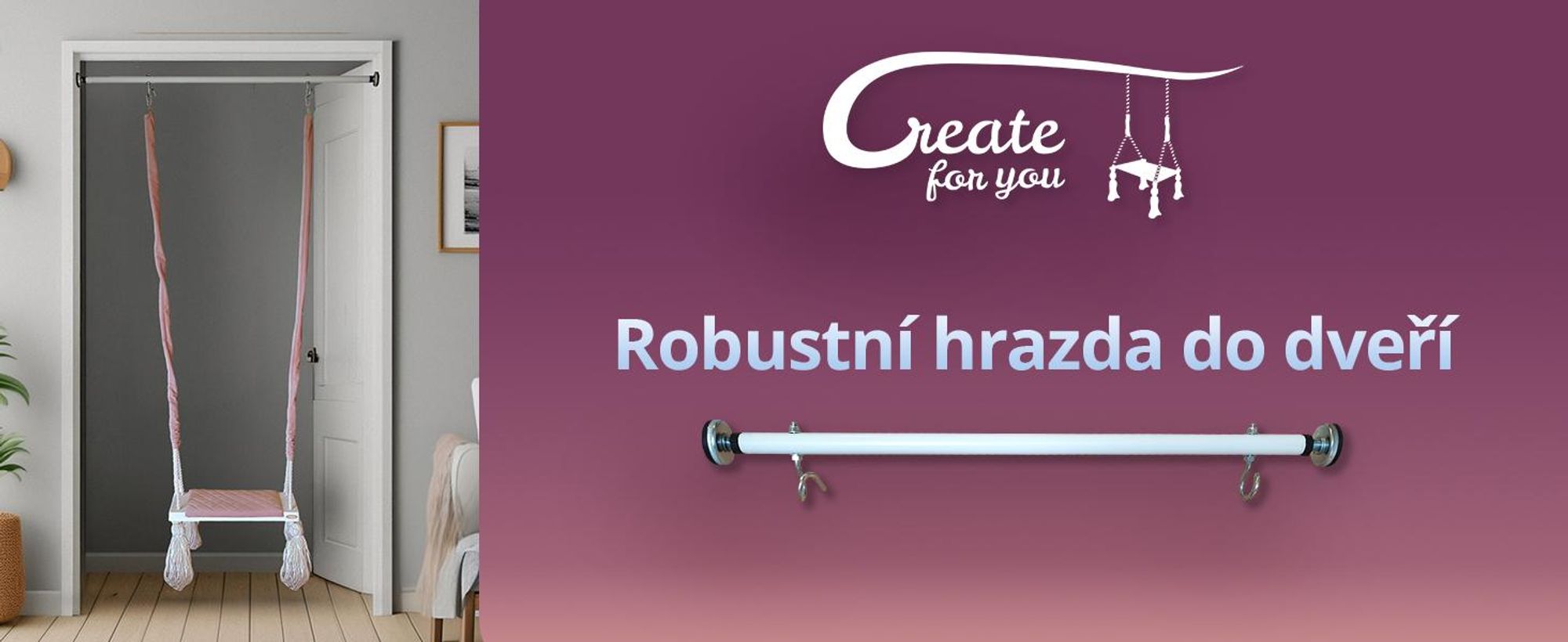 Create for you® - Hrazda na Přitahování s Hákem pro Dětskou Houpačku - Fitness Vybavení na Doma - Montáž bez Vrtání, do Dveřního Rámu, s Háky - 70 cm