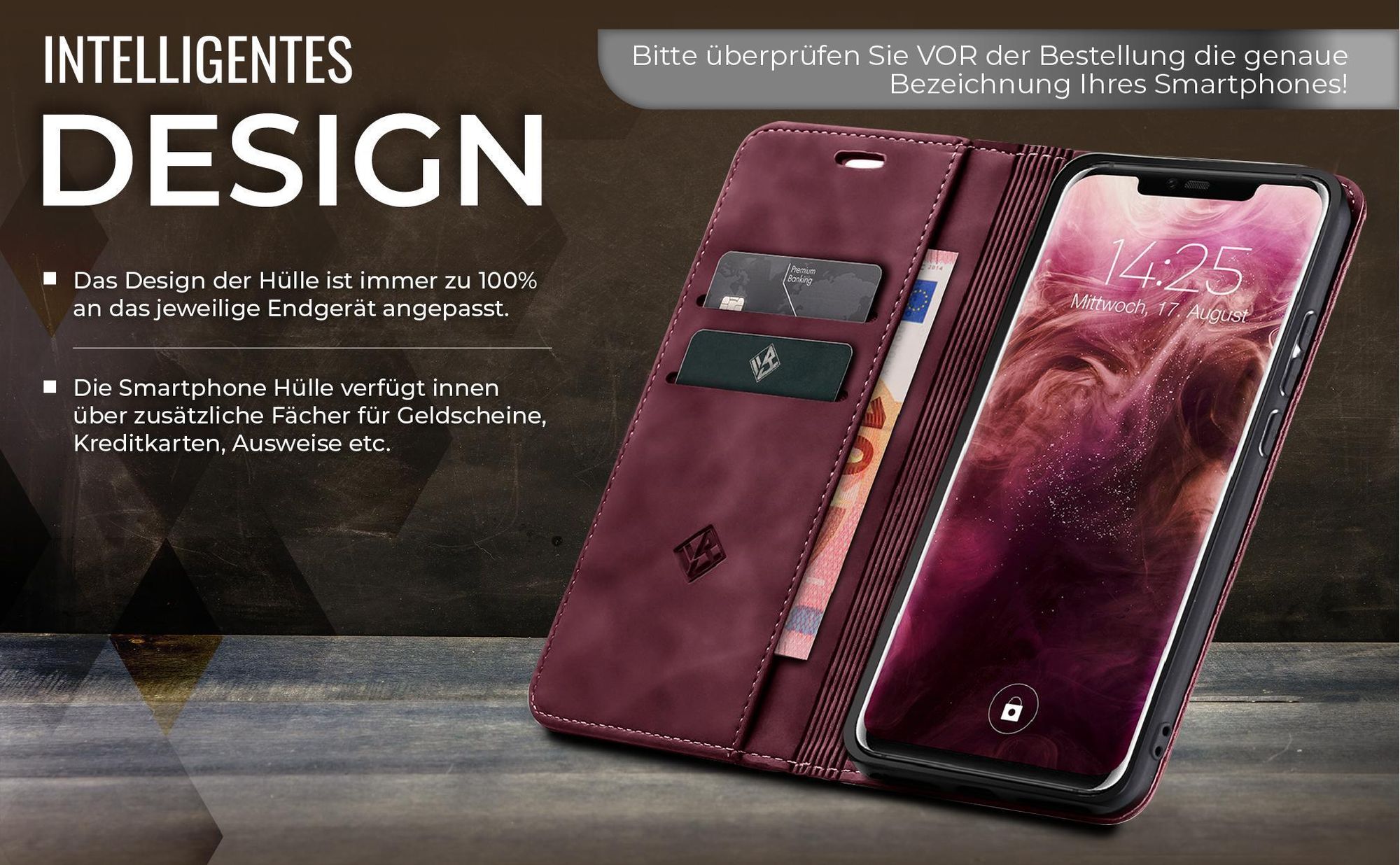 Edle Schutzhülle in Weinrot für Huawei Mate 20 Pro mit Kartenfächern und Geldfach