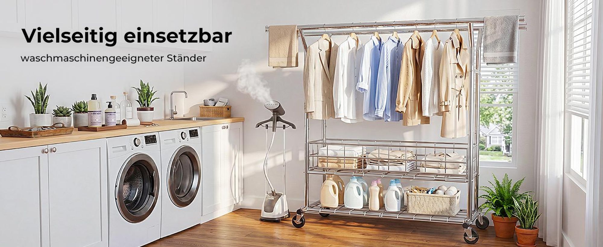 HOKEEPER Schwerlast Kleiderstange auf Rollen, Doppelter Kleiderstange, bis 283 kg belastbar, Industrie-Design, Garderobenständer