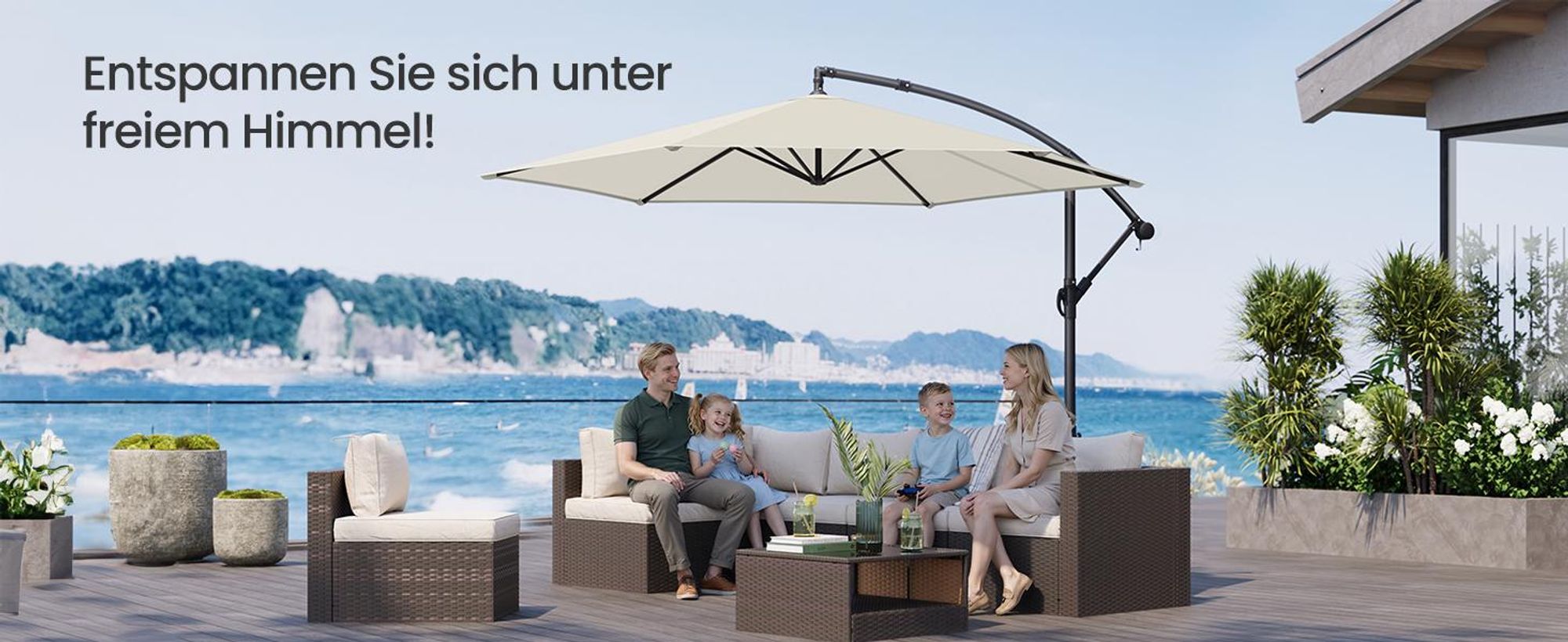 SONGMICS Ampelschirm 350 cm, UV-Schutz UPF 50+, Sonnenschirm mit Ständer, für Garten Terrasse, Kurbel, beige