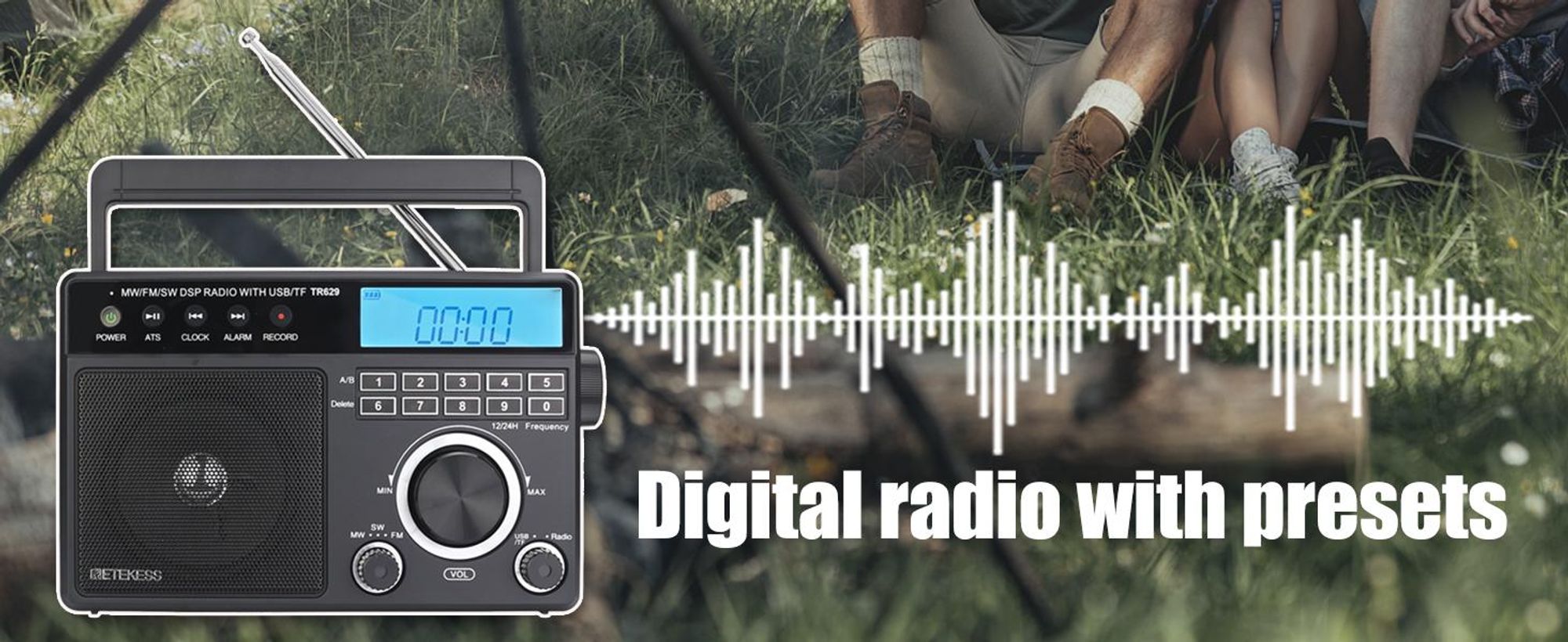 Retekess TR629 Přenosné rádio, nouzové rádio AM FM SW World Receiver s DSP, podporuje U disk/SD kartu, hodiny, budík, rádio na baterie, dárky pro seniory