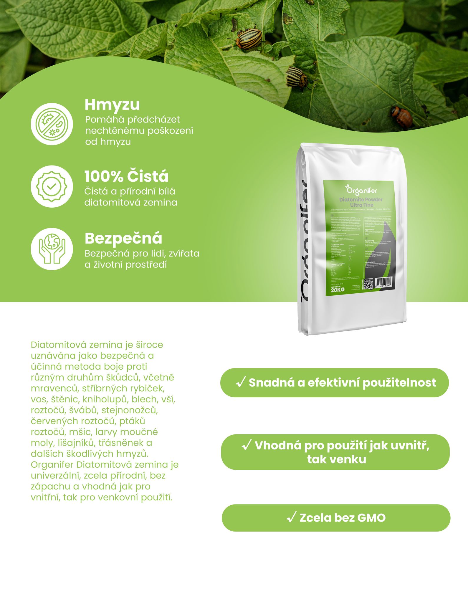 Diatomitová zemina – 100% čistá – ultra jemný prášek (Sáček 50 litrů – 20 kg) - Organifer