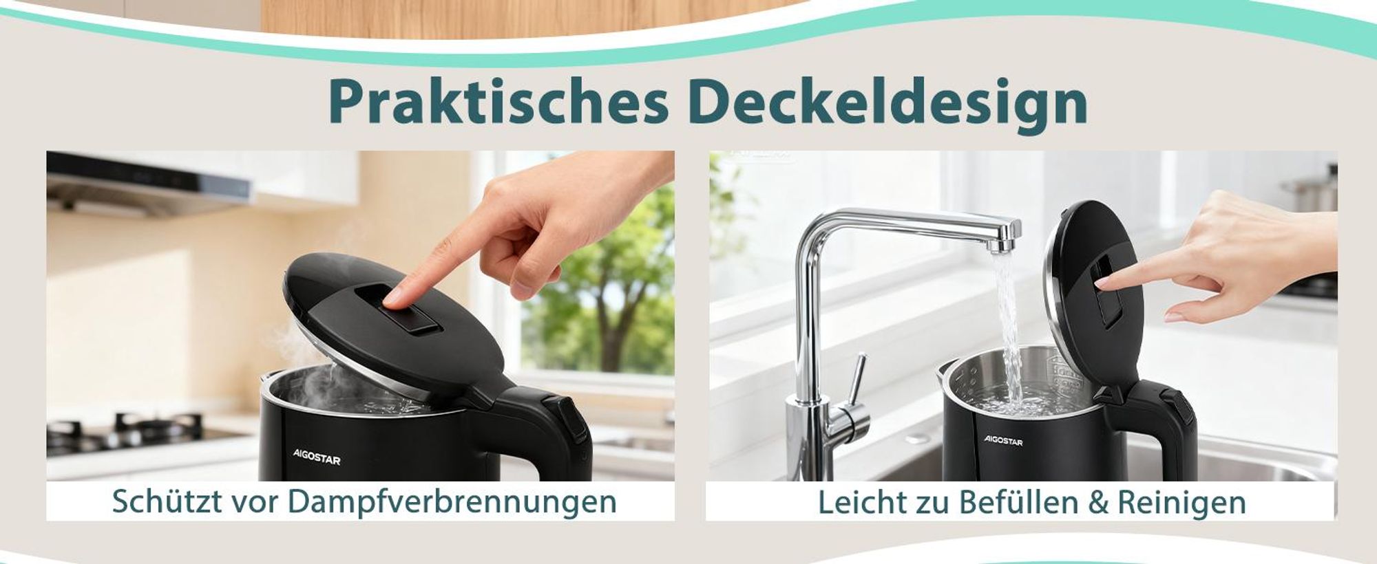 Aigostar - Doppelwand Edelstahl Wasserkocher, 2200W, 1,7 L, Schwarz