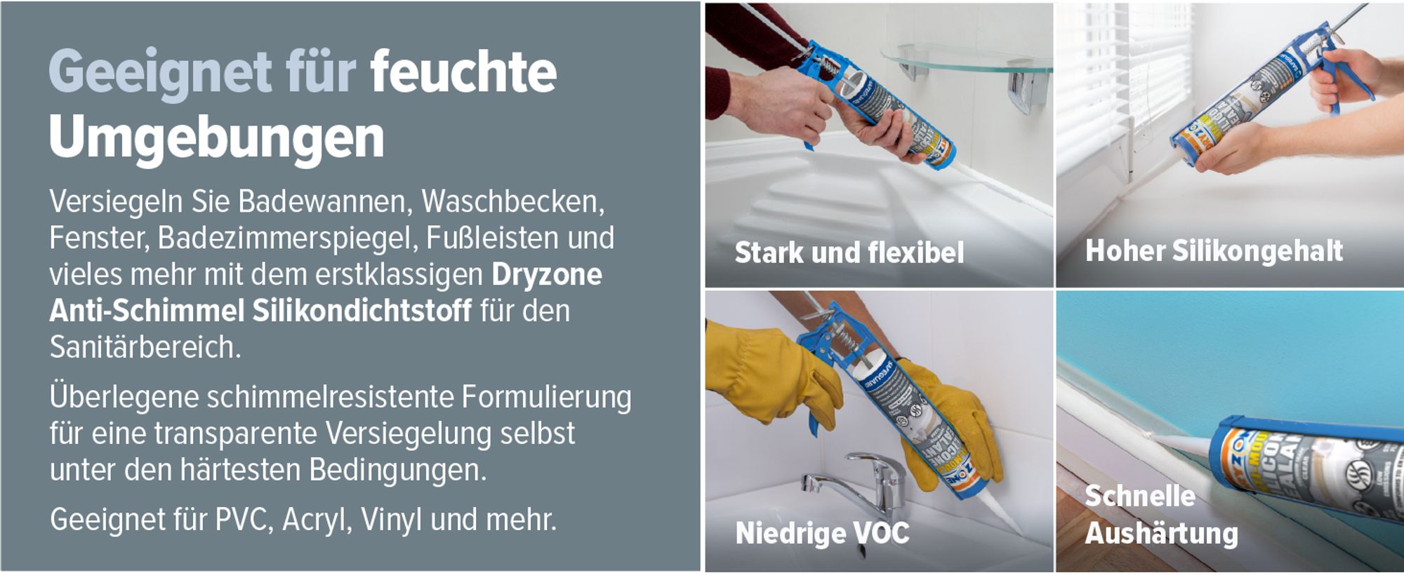 Dryzone Schimmelresistentes Sanitär Silikon (310 ml, Transparent) – Langlebiges wasserfestes Silikon, geringer VOC-Gehalt, ideal für Bad