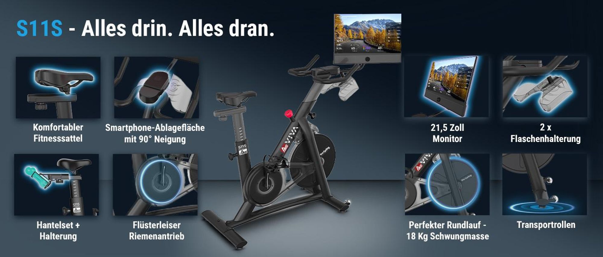 Indoor Cycle & Speedbike AsVIVA S11S | Fitnessbike mit 21,5 Zoll LED Display | 100 Widerstandsstufen | Ergometerfunktion | 360 Grad Lautsprecher