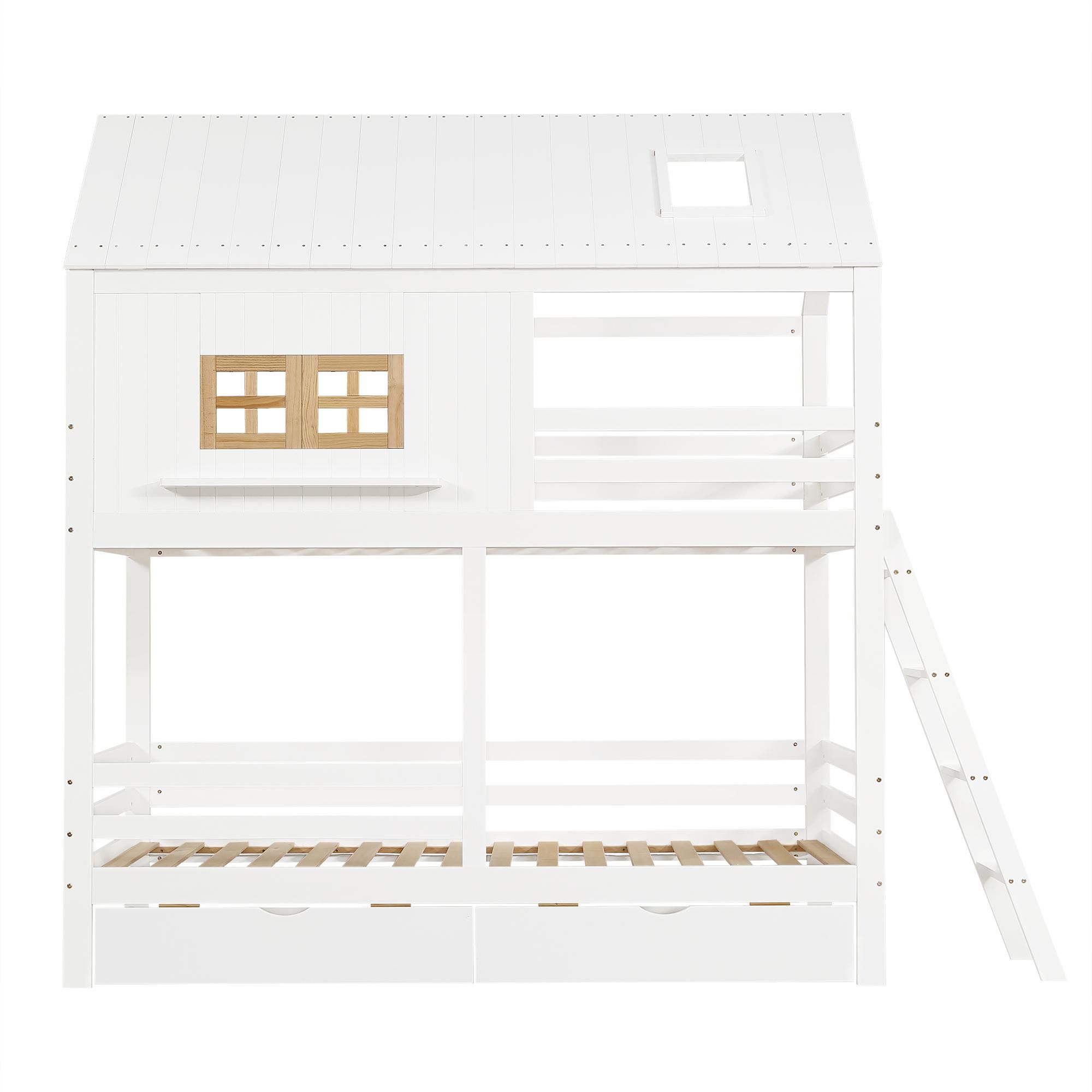 Flieks Etagenbett 90x200cm mit 2 Schubladen, Kinderbett Hausbett mit Fenster und Dach, Kinder Hochbett mit Leiter und Lattenrost für 2 Kinder, Weiß