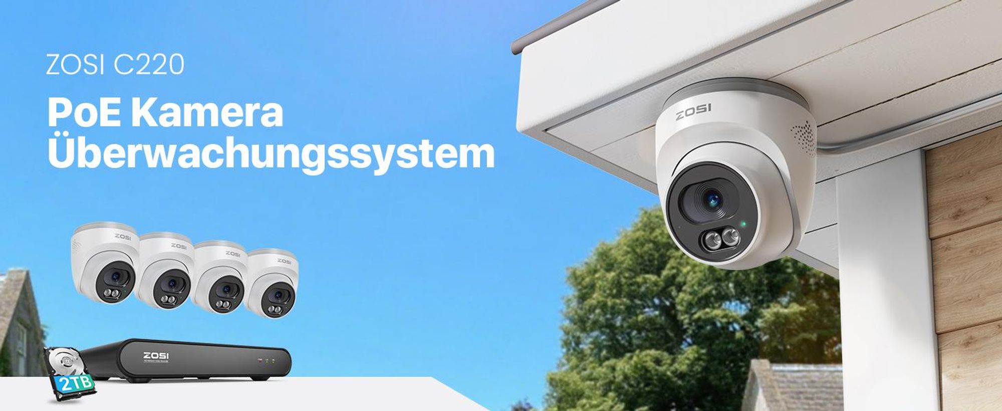 ZOSI 2,5K PoE Überwachungskamera Aussen Set, 8CH 5MP NVR mit 2TB HDD, 4X 4MP PoE Dome Kamera Überwachung Set mit Audio, Personenerkennung, 100ft Nacht