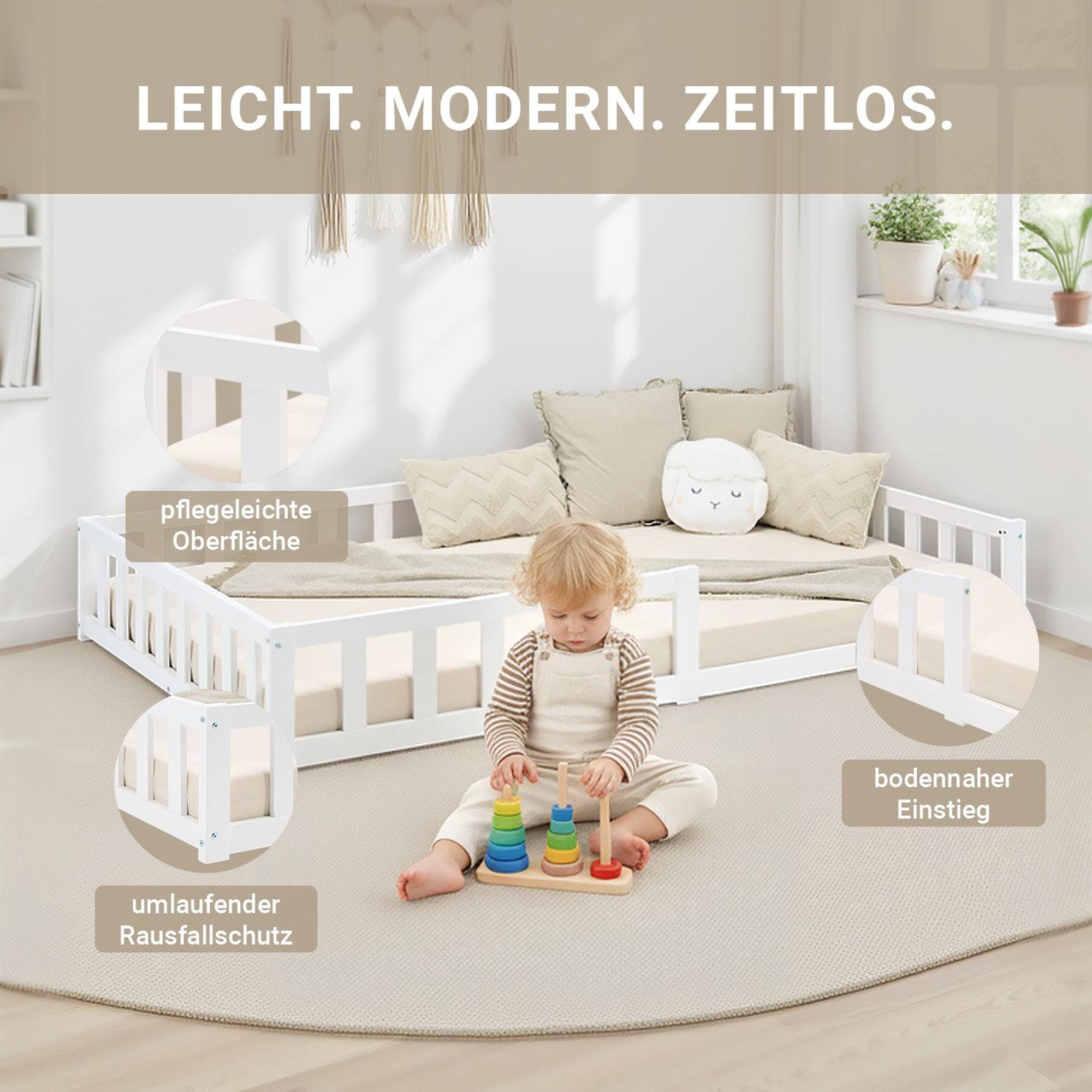 Das Bodenbett verfügt über einen umlaufenden Rausfallschutz und hat eine bodennahe Einstiegsöffnung.