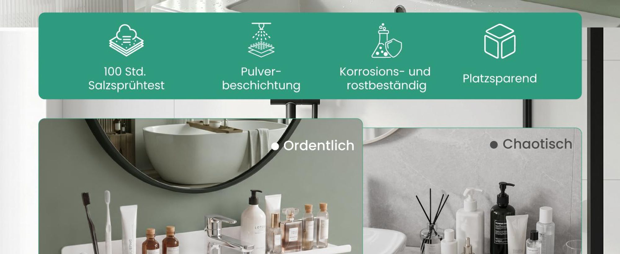 Mai & Mai Duschregal zum Bohren oder Kleben, Waschbeckenregal über Wasserhahn, Wandregal für Küche und Bad, Badezimmer Organizer Sandweiß 60cm Reglo-17