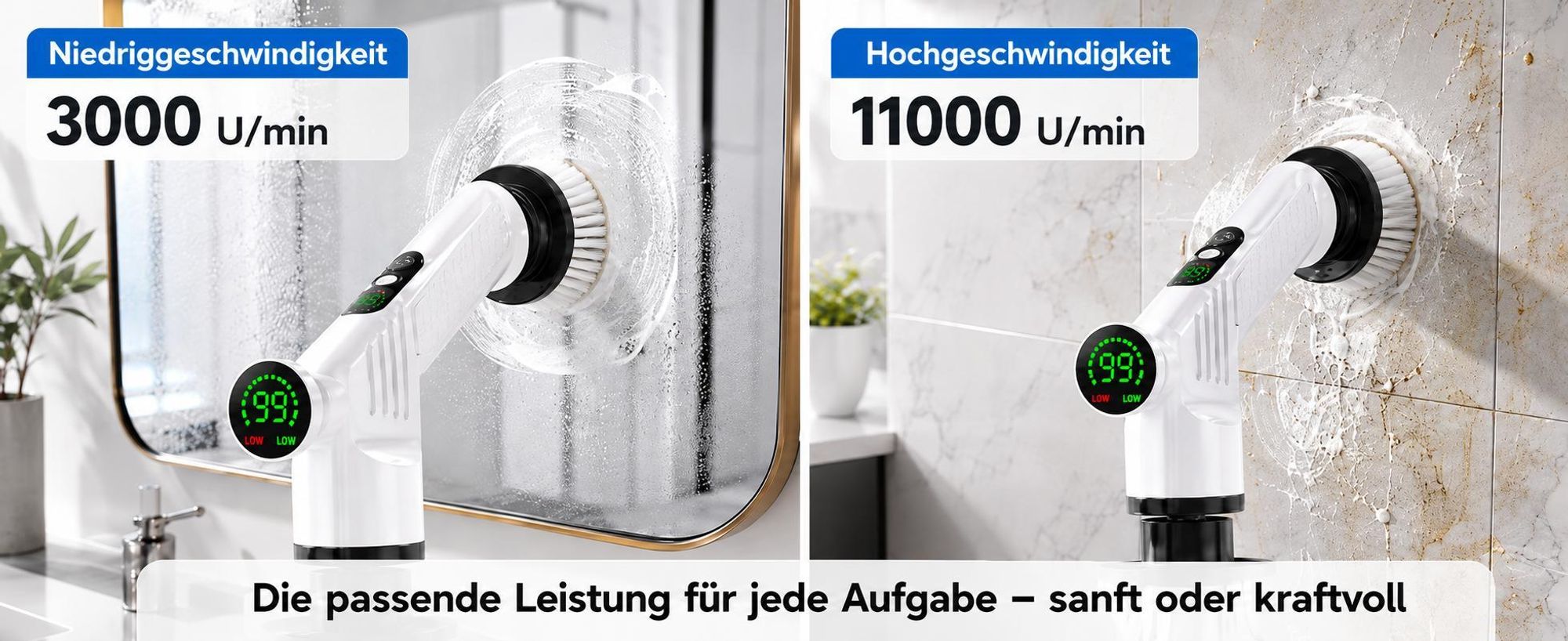 9 in 1 Elektrische Reinigungsbürste Akku 120 Min, 2 Geschwindigkeiten, 360° drehbarer Bürstenkopf, Display, USB-C, für Ecken, Bad, Fensterreinigung