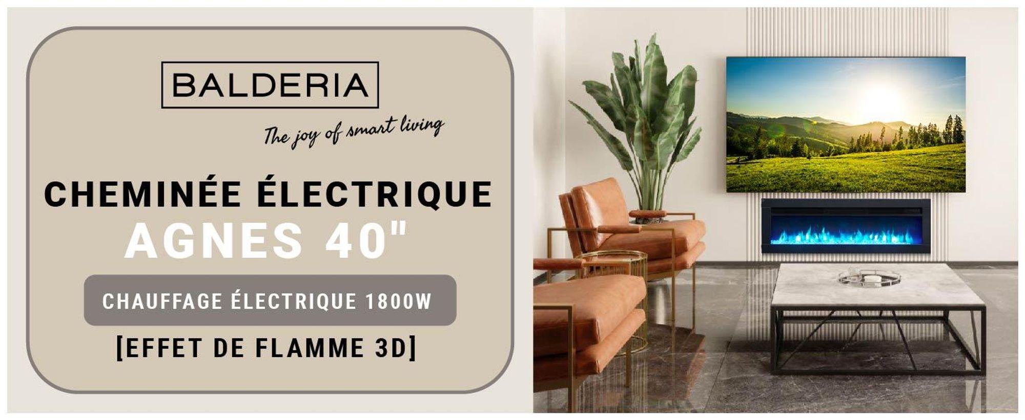 Cheminée électrique encastrable BALDERIA Agnes 40 – Puissance de chauffage jusqu'à 1 800 W, noire