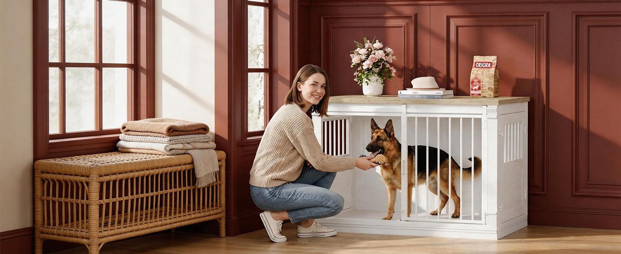 101cm Hundekäfig-Möbel, Hundebox für Zuhause mit 3 Türen | Hundebox Holz, Schiebetüren, für Kleine, Mittlere, Große Hunde, Robuster, Beistelltisch