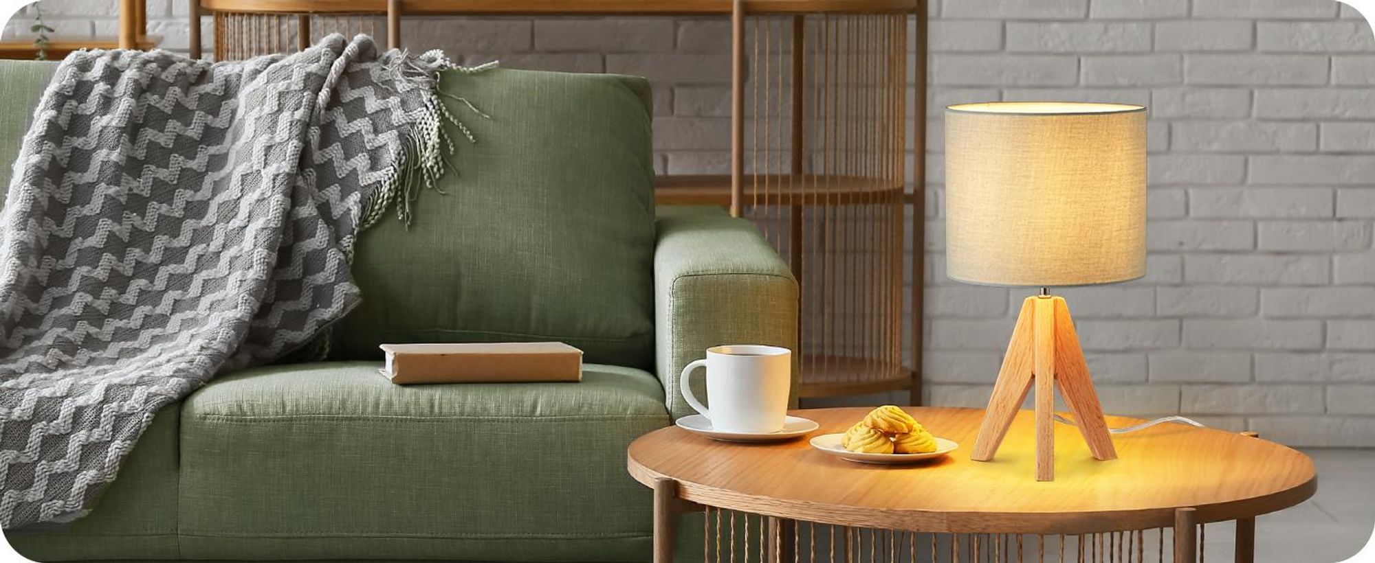 EDISHINE Tischlampe Holz,LED Nachttischlampe mit Glühbirne, E27 Tischleuchte mit Schirm, Grün