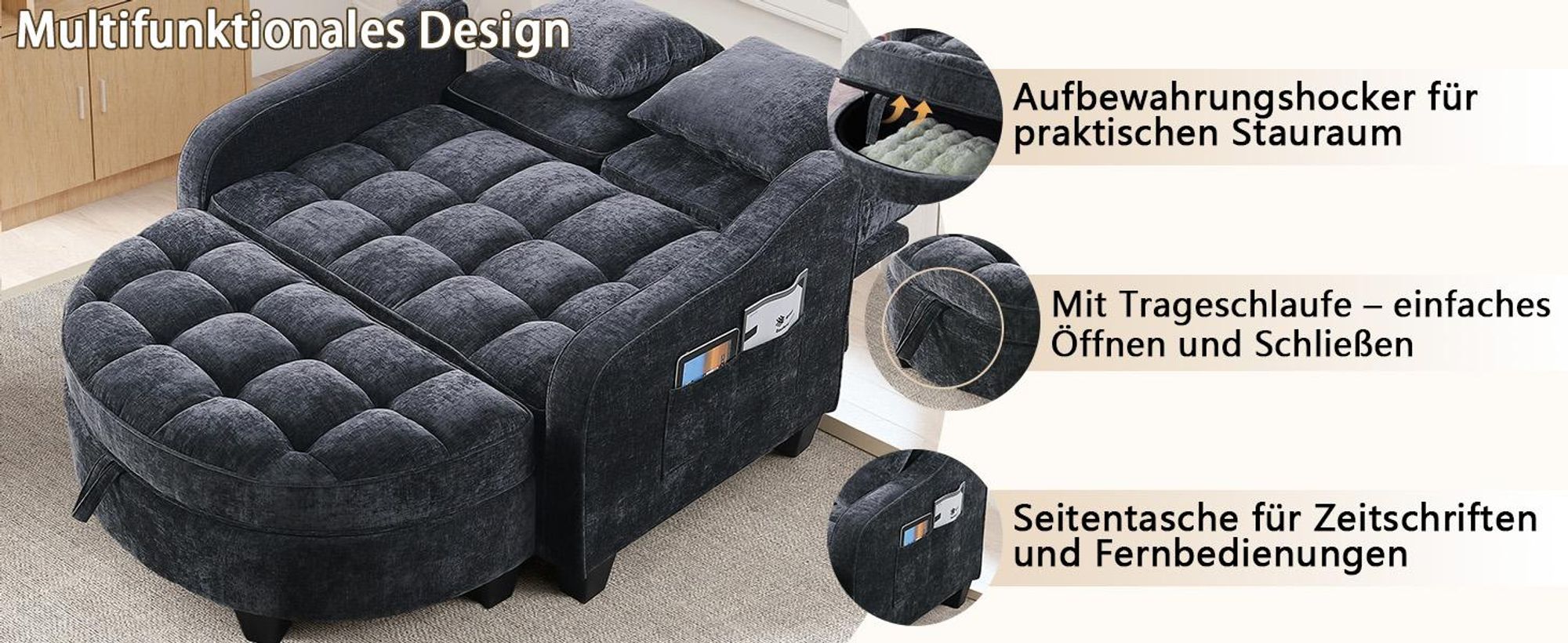 MODFU Multifunktionales Sofa Schlafsofa mit Aufbewahrungs-Hocker,Relaxsofa mit rutschfeste Kunststoffbeine,Schwarz