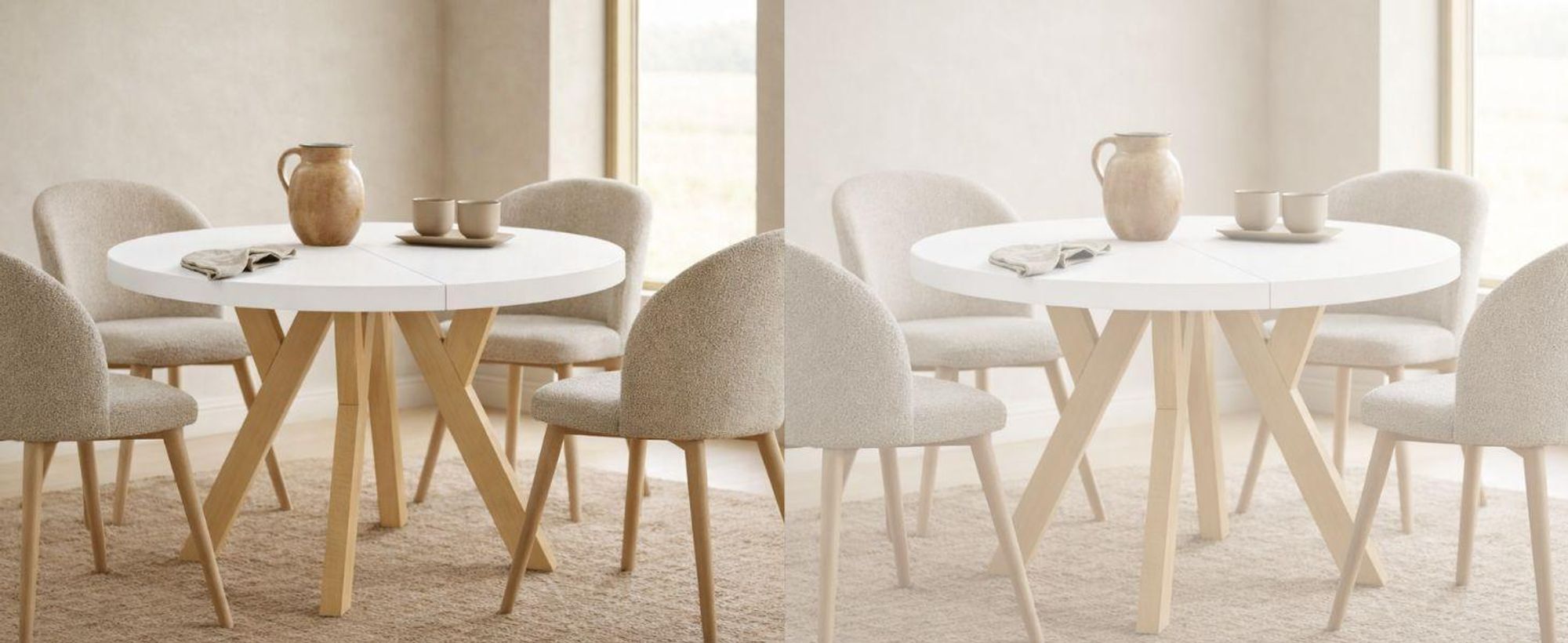 Runder Ausziehbarer Tisch für Esszimmer, PERO, Loft-Stil, Skandinavische, Durchmesser: 120 / 220 cm, Farbe: Weiß / Buche Natur