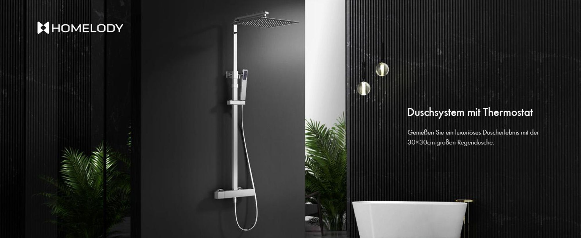 Homelody Duschsystem mit Thermostat SUS 304 Edelstah, Quadratische Extra groß Regendusche Duschkopf 30*30CM, Verstellbereich 855–1105 MM Chrom