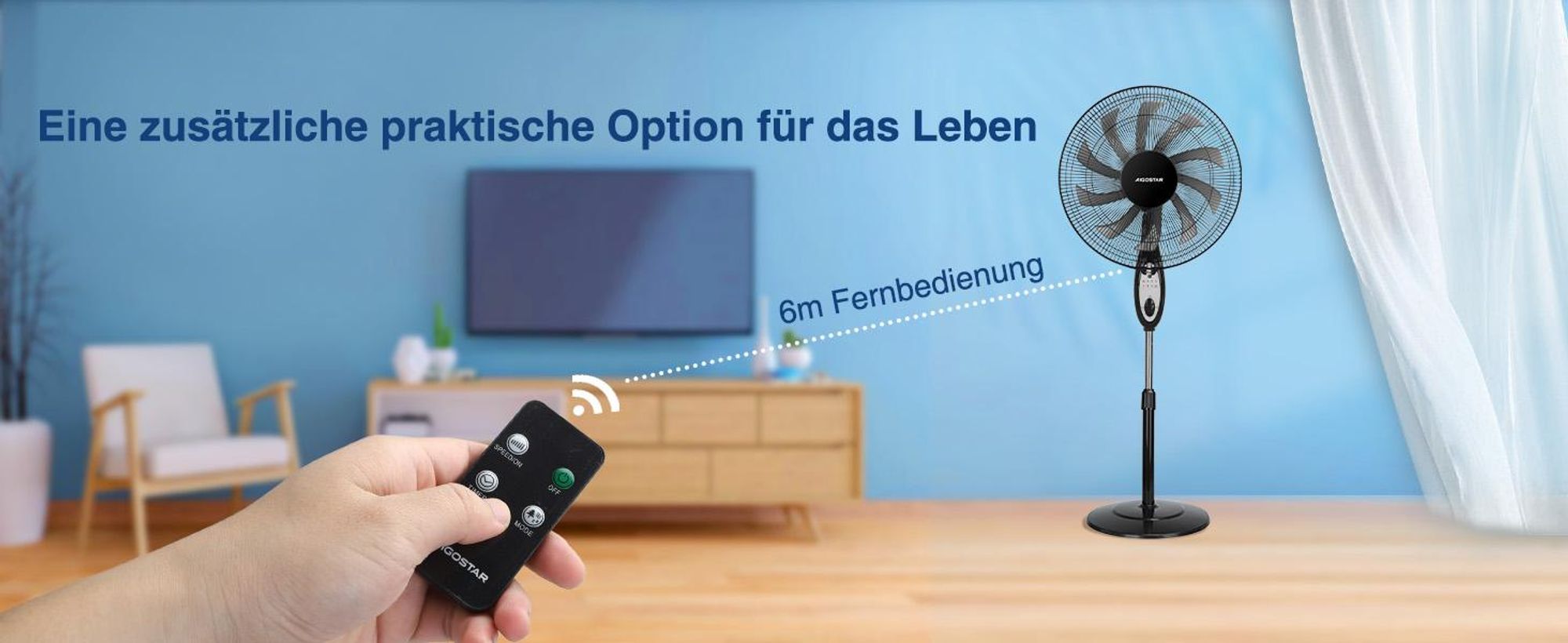 Aigostar Leise Ventilator mit Fernbedienung, 80° Oszillation,7,5H Timer, 3 Modi