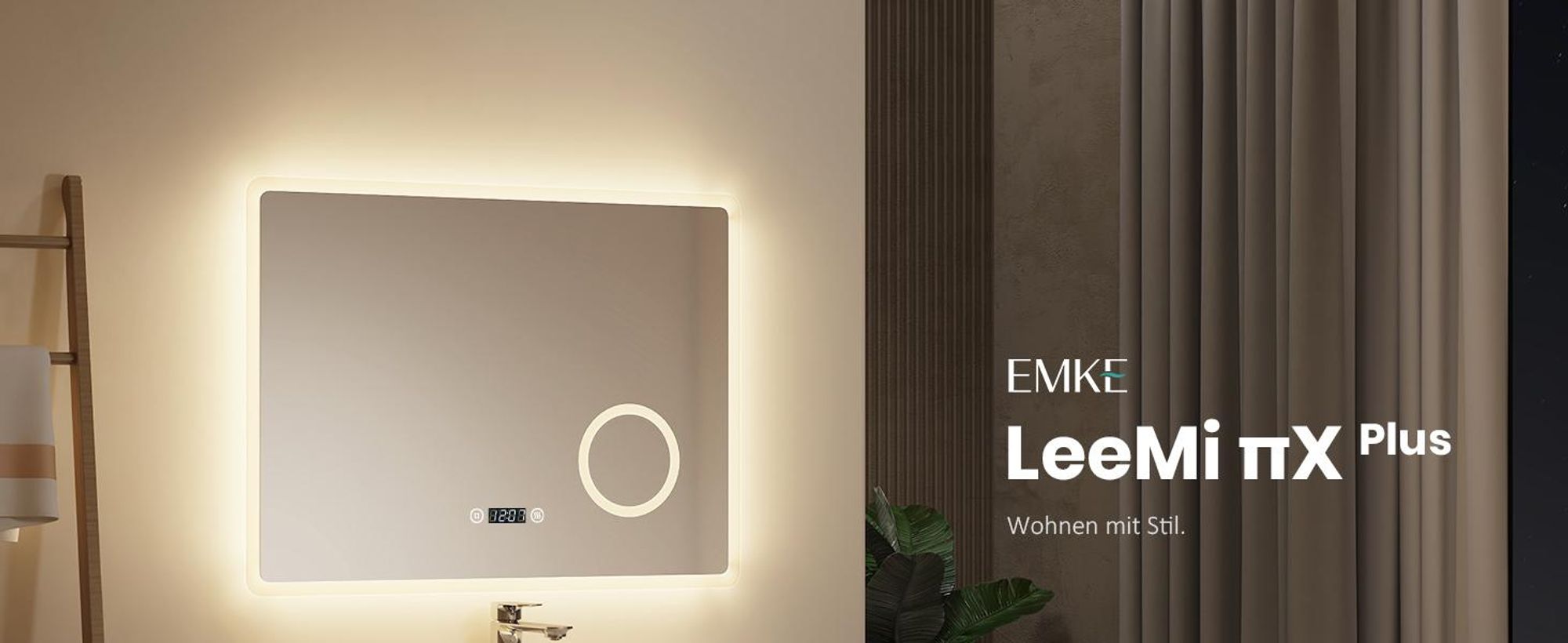 EMKE Badspiegel mit 3X Vergrößerung Touchschalter 3 Lichtfarben Dimmbar Antibeschlag Uhr 80X60cm