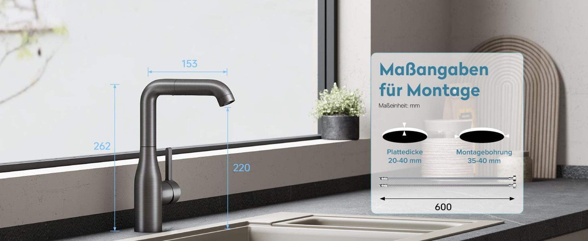 doporro Wasserhahn Küche Hochdruck, Einhebel-Mischbatterie, Spültischarmatur 360°Schwenkbar Küchenarmatur aus Edelstahl Gebürstet silber Turnix-04