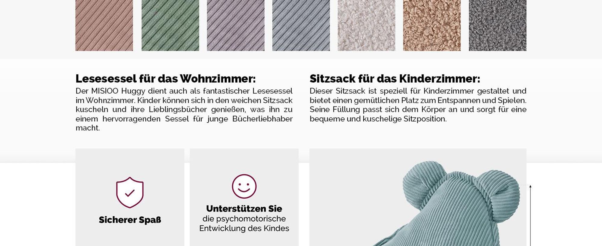 MISIOO Sitzsack Pouf fr Kinder - Huggy Bear - Kindersessel - Samt Pouf aus Cord - Ideal fr das Kinderzimmer - Leicht zu Waschen - Blau