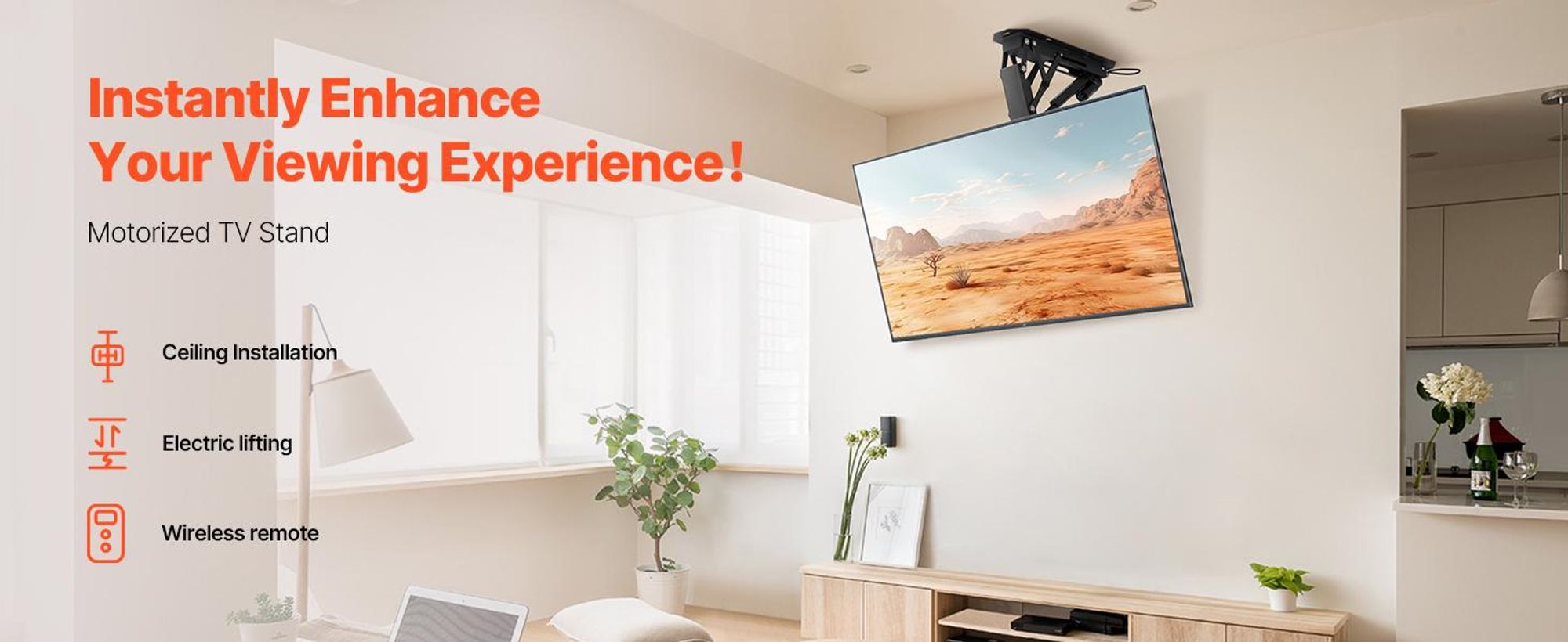 VEVOR Motorisierte Decken-TV-Halterung, TV-Wandhalterung für 32 bis 55 Zoll Fernseher, Elektrisch verstellbare Decken-TV-Halterung, Motorisierte Klapp-TV-Halterung mit maximalem VESA 24 x 16 Zoll, geeignet für Fernseher bis zu 120 lbs, Decken Typ-a, 40 kg