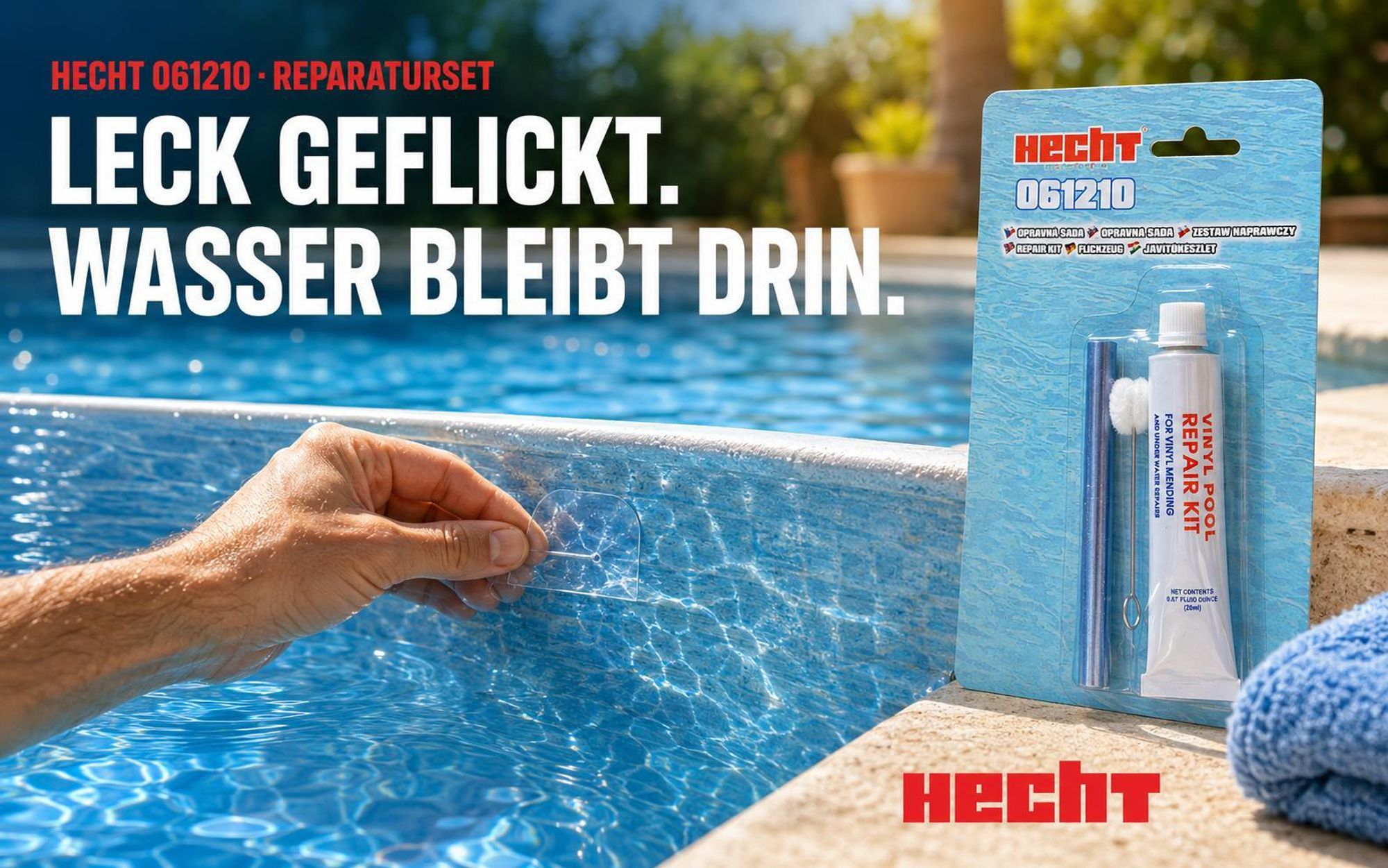 HECHT Pool Reparaturset | Unterwasser-Reparatur für Pools | Inkl. Klebstoff & Patches | Reparatur ohne Wasser ablassen