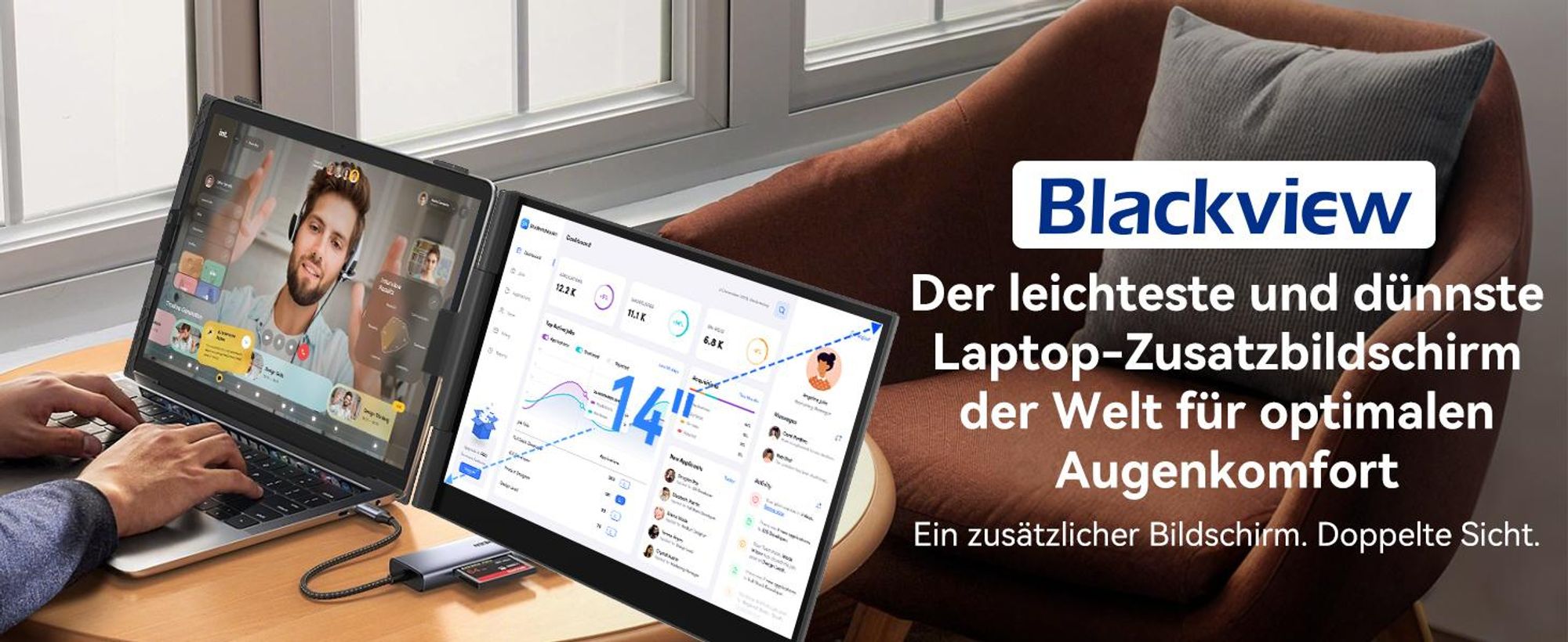 Blackview Tragbarer Monitor 14" SCM6 +A2, 1920×1080 ultradünn Computerbildschirm(für 13-17,3" Laptops), Low Blue Light, 180° horizontal drehbar