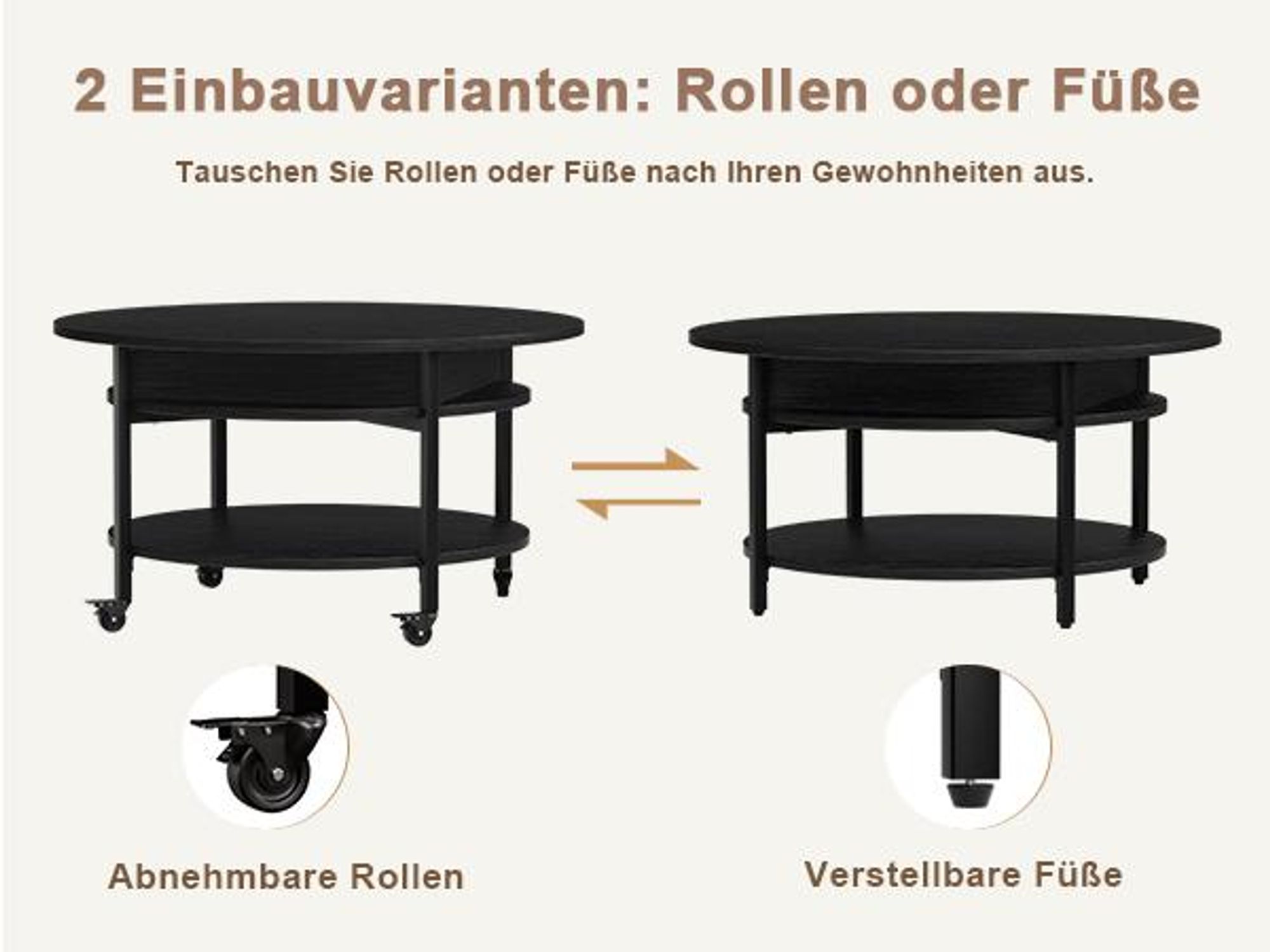 FABATO Runder Couchtisch mit Höhenverstellung, Rädern und Staufach - 26,77 Zoll, 2-stufig, ideal für Wohnzimmer, in Schwarz