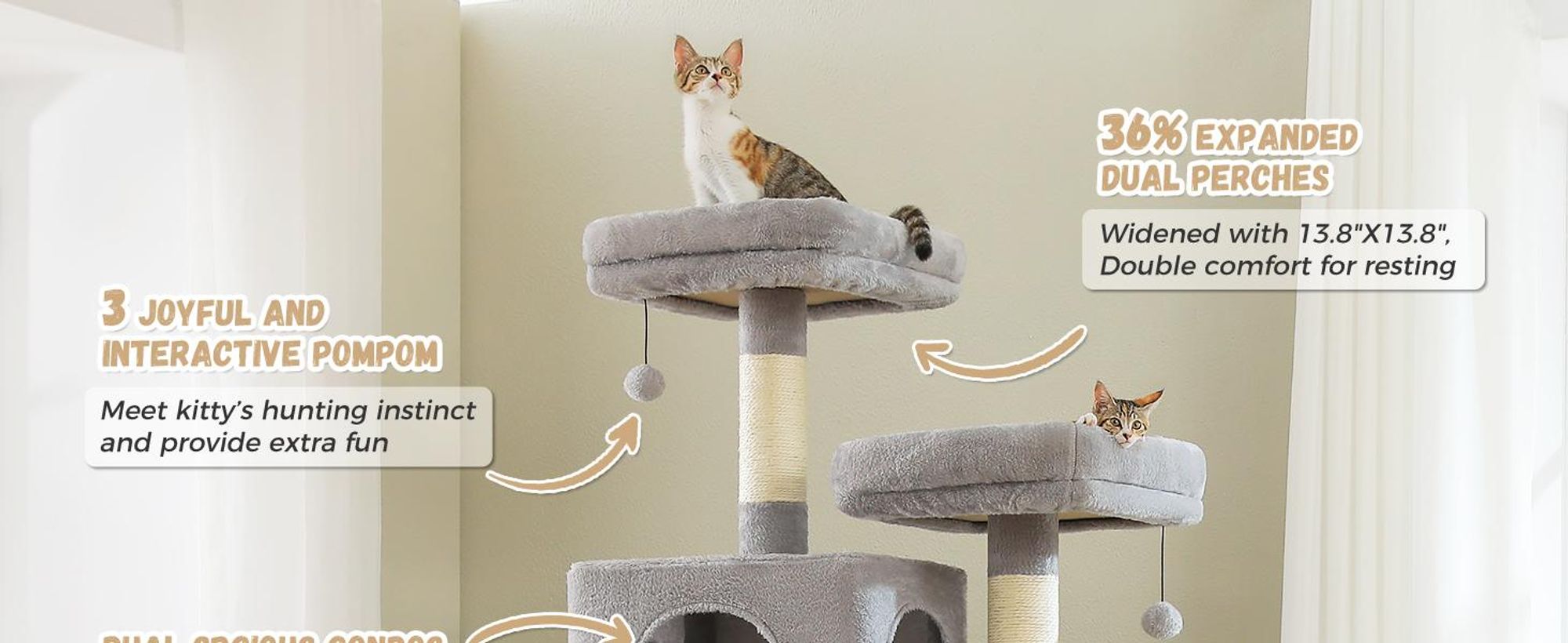 PURPURRA Robuster Kratzbaum für große Katzen, 200 cm hoher Katzenturm mit 2 Sitzstangen, 2 Höhlen und geräumiger Hängematte, XL extra große Höhle