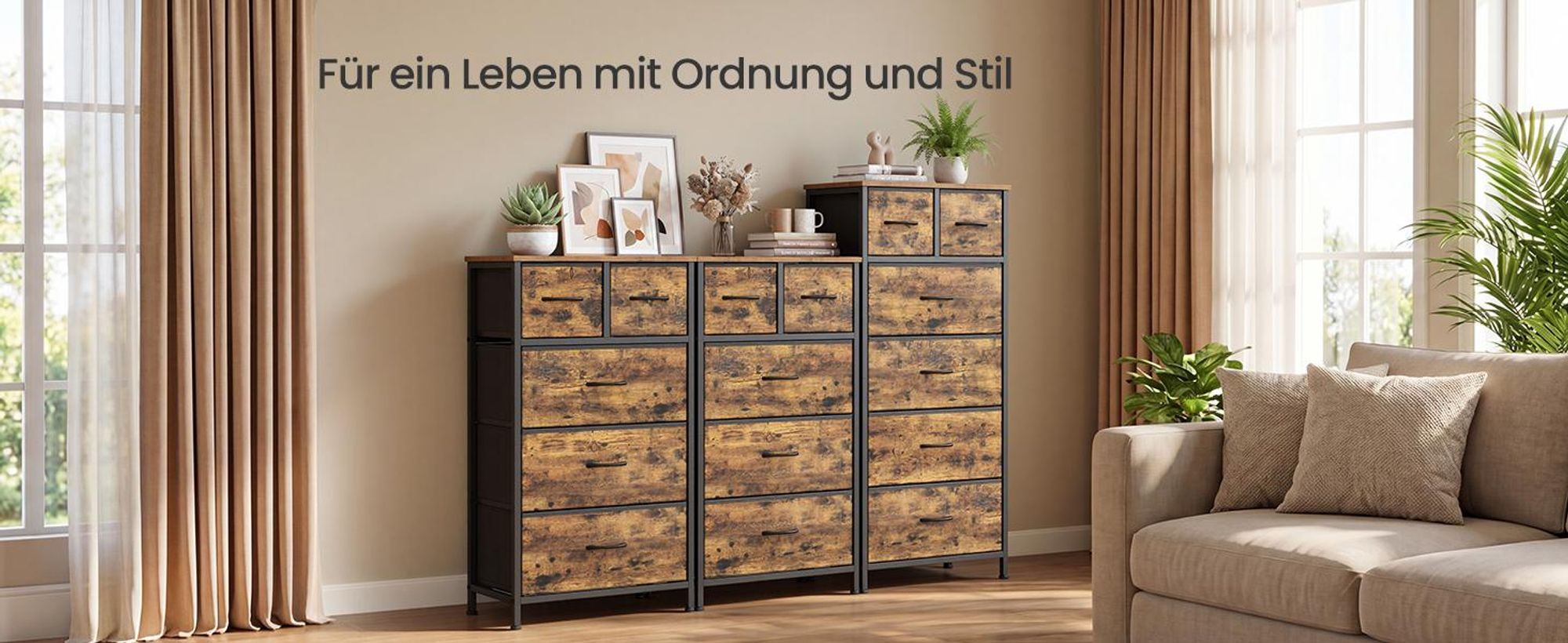 SONGMICS Kommode im modernen Stil, Schubladenschrank mit 6 Stoffschubladen, 50,6 x 30 x 117,7 cm, Vintage-Braun