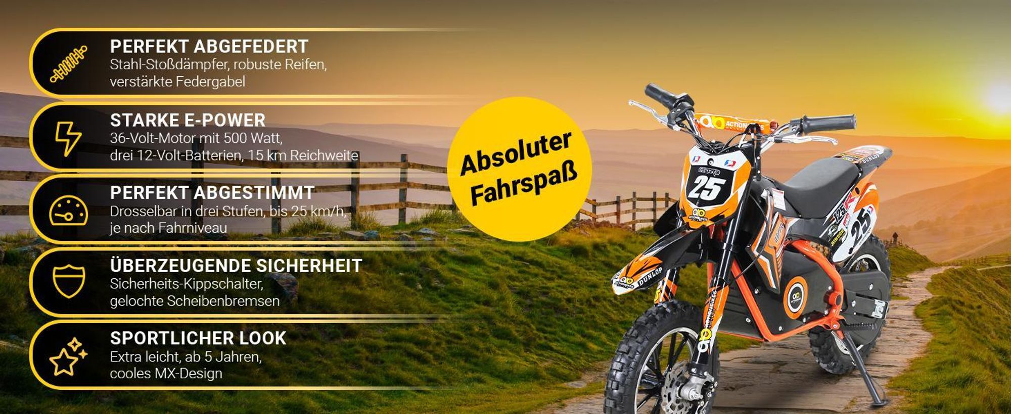 Actionbikes Motors Kinder Enduro Elektro Crossbike | 500 Watt - Bis 24 km/h - Motocross - Pocketbike - Cross Bike - Motorrad - Dirt Bike (Orange)