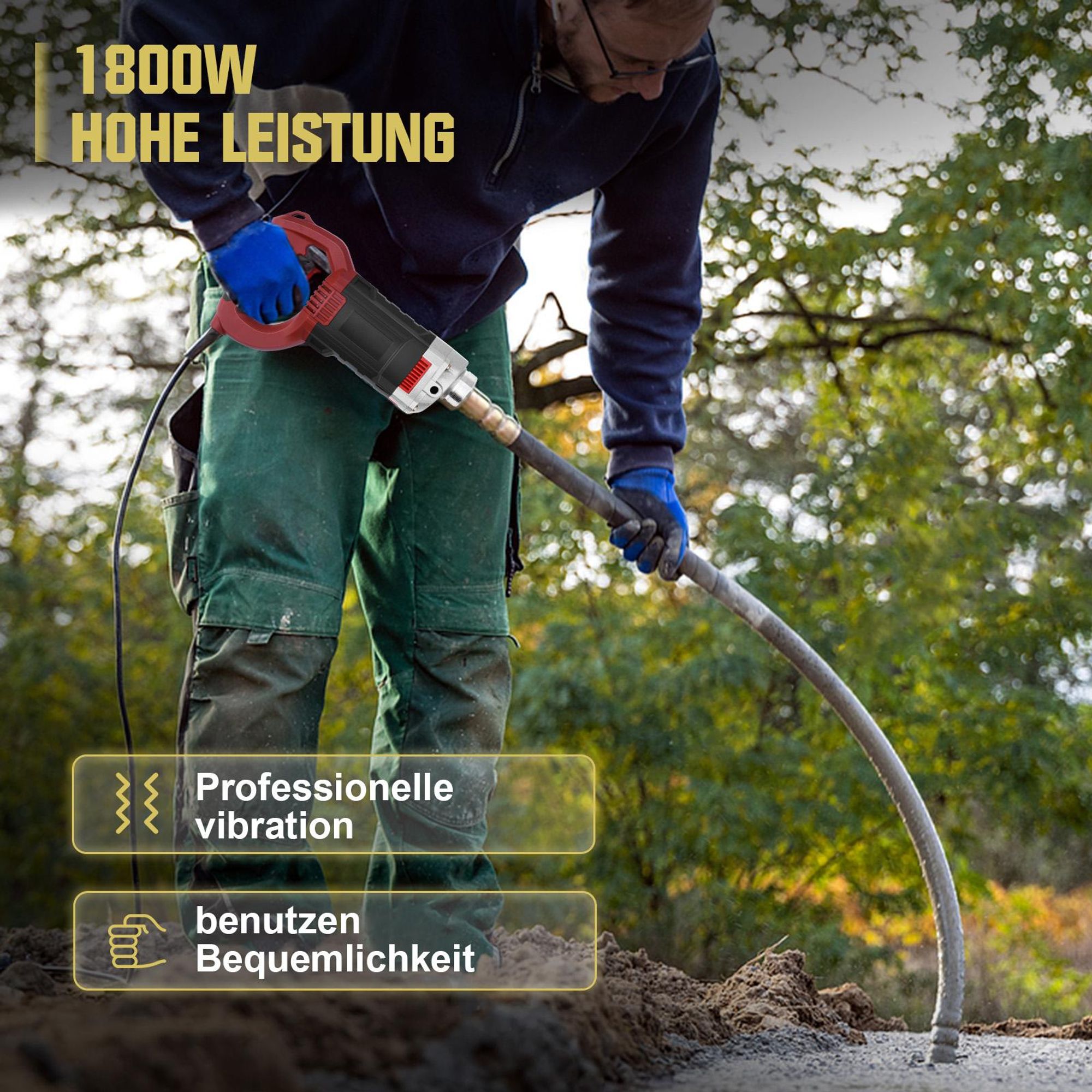 Betonrüttler 1800W mit 2m SCHLAUCHLÄNGE, Elektro Betonverdichter, 35 mm Flaschenrüttler, Rührwellendrehzahl 6000 U/min, Beton Rüttelflasche