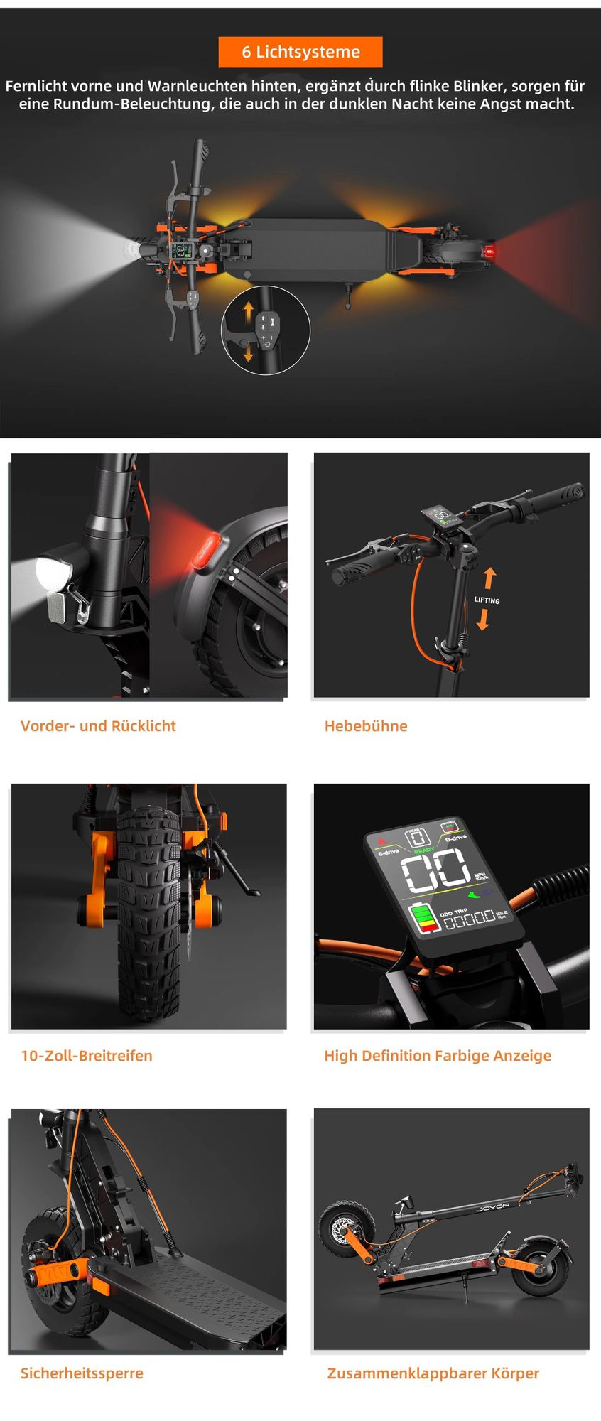 JOYOR S5-Z Faltbar Elektroroller - 600W Motor 48V13AH Akku 10 Zoll Reifen Scheibenbremsen Kurvenlicht - Schwarz