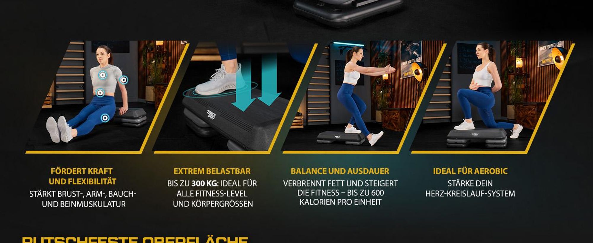 TREX SPORT Steppbrett höhenverstellbar TX-038PAS | Aerobic Stepper 3 Stufen, rutschfest, Fitness Stepbench 71×35×10/15/20 cm, bis 300 kg belastbar