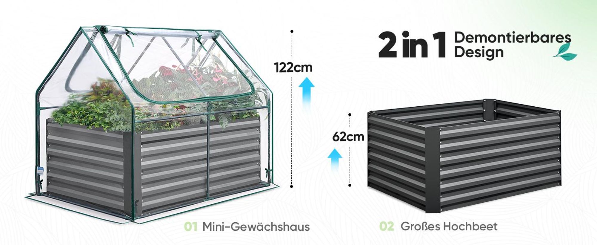 Quictent Hochbeet mit Abdeckung, Pflanzkasten-Set für den Außenbereich,Gewächshaus mit 2 große Fenster mit Reißverschluss, ,120x90x62cm, Transparent