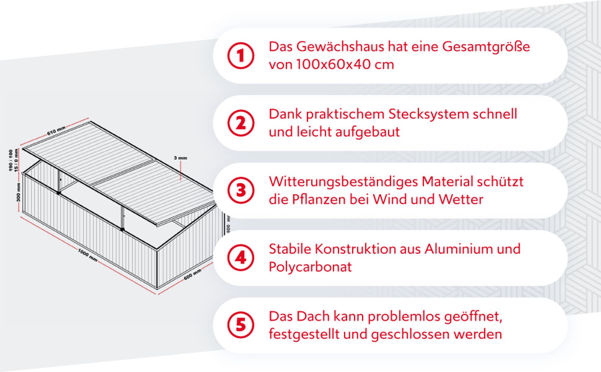 Wiltec Frühbeet Gewächshaus aus Aluminium, 100 x 60 x 40 cm, Gemüsebeet mit arretierbarem Dach und 2 Flügeln, witterungsbeständig, UV-Schutz