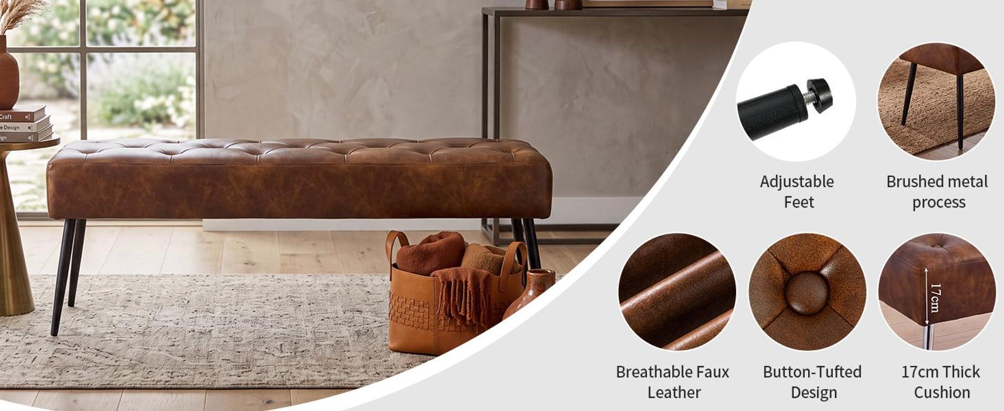 Bank met fluweel en kunstleer, gestoffeerde bank, make-up krukje, make-up tafel. Kleurkeuze, kleur: oranje-bruin, materiaal: kunstleer
